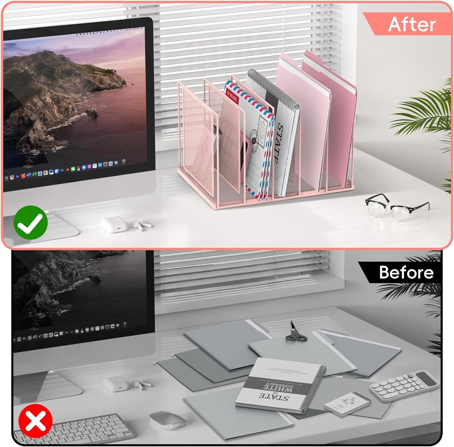 File Organizer for Desk, 5-Section Vertical File Sorter, Paper Holder Organizer Standing Metal File Folder for Office Home Classroom, Pink