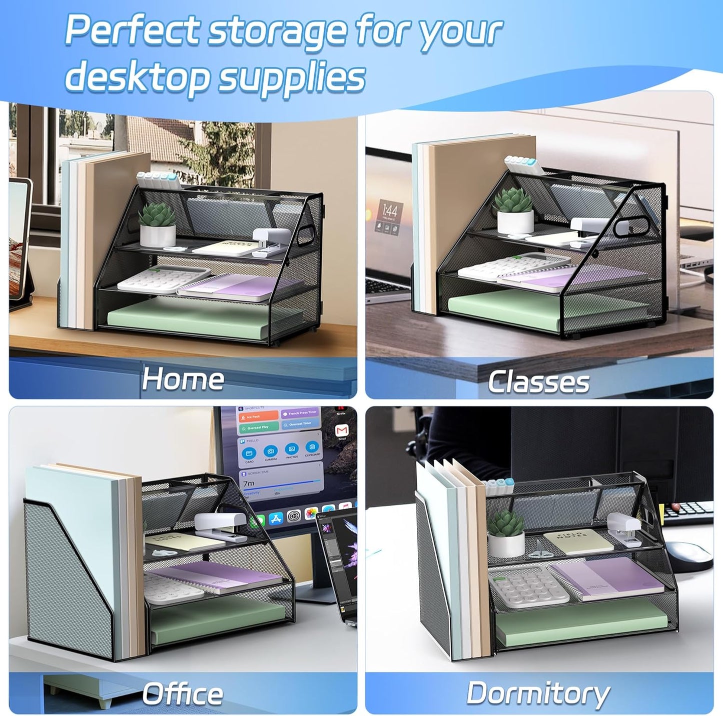 DocNest 3 Tier Paper Letter Tray, Metal Mesh Desk Organizer with Handle Builtin Pen Holder Space Saving Desktop File Storage for Office Supplies Black