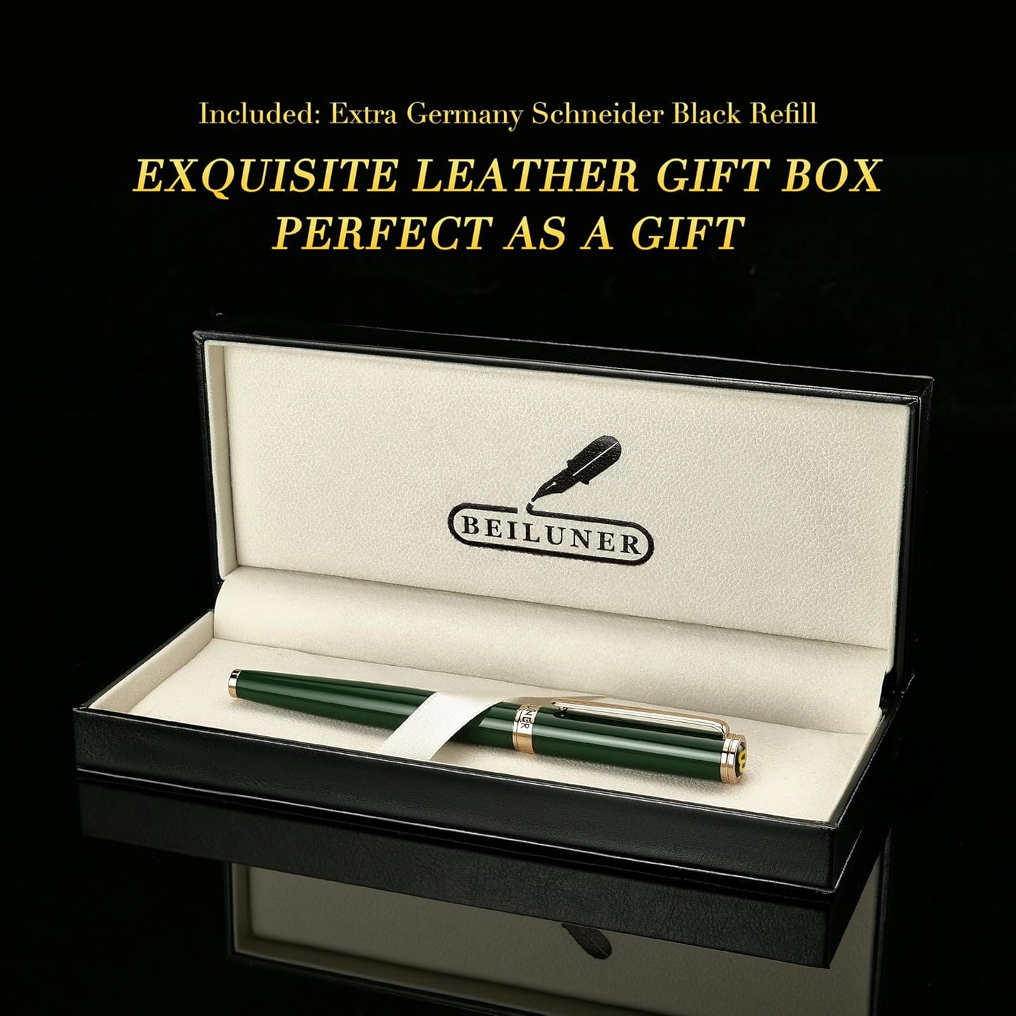 BEILUNER Luxury Rollerball Pen, Stunning Green Lacquer with 24K Gold Trim,Noble and Elegant Designs,Schneider Ink Refill, Best Gift Set for Men & Women, Refillable, Executive Writing, Nice Pens