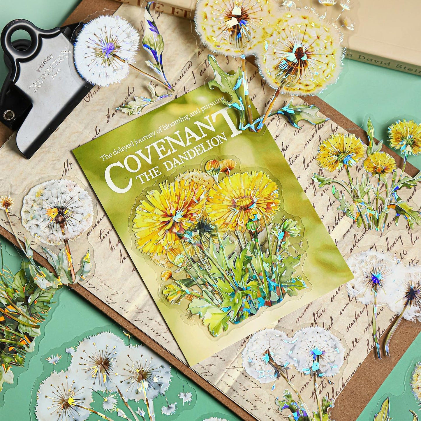 Dandelion Floral PET Stickers Set, 60PCS Holographic Botanical Flower Stickers for Scrapbooking, Journaling, DIY Crafts, and Art Supplies