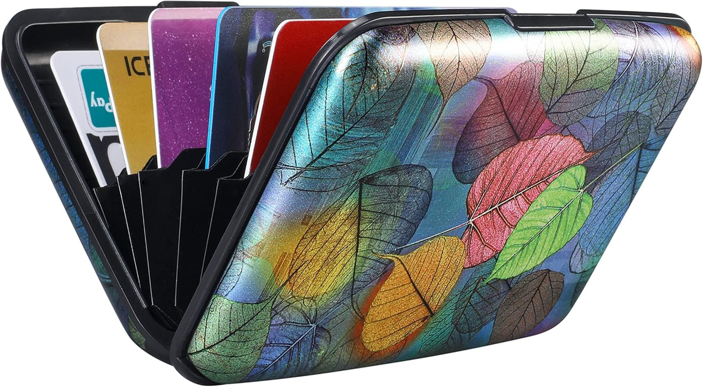 ELFISH Mini RFID Aluminum Wallet Credit Cards Holder Business Card Case Metal ID Case for Men Women(Colorful Leaves