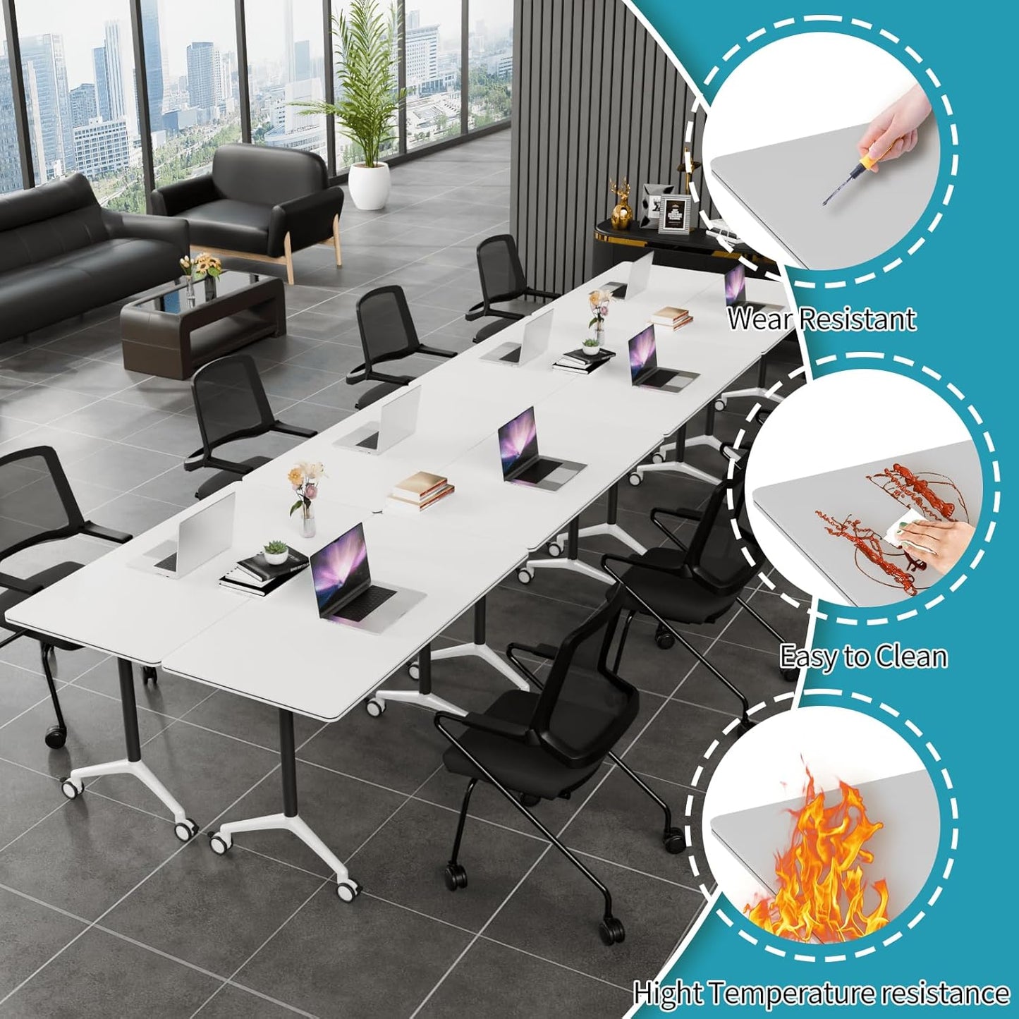 Folding Conference Table, Modern Conference Room Tables with Flip-Top Design, Foldable Conference Table Meeting Table with Wheels, Mobile Seminar Training Tables for Office Classroom (6, White 2)