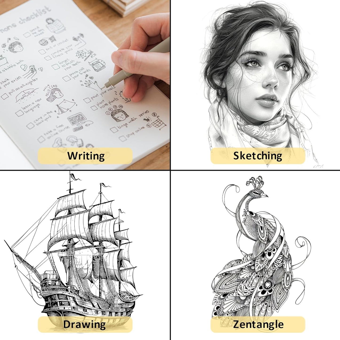 12+1 Fineliner Drawing Art Pens, Black Waterproof Pigment Ink Set for Artists, Sketching, Manga, Watercolor, Calligraphy, and Detail Outlining Archival Quality Inking Markers