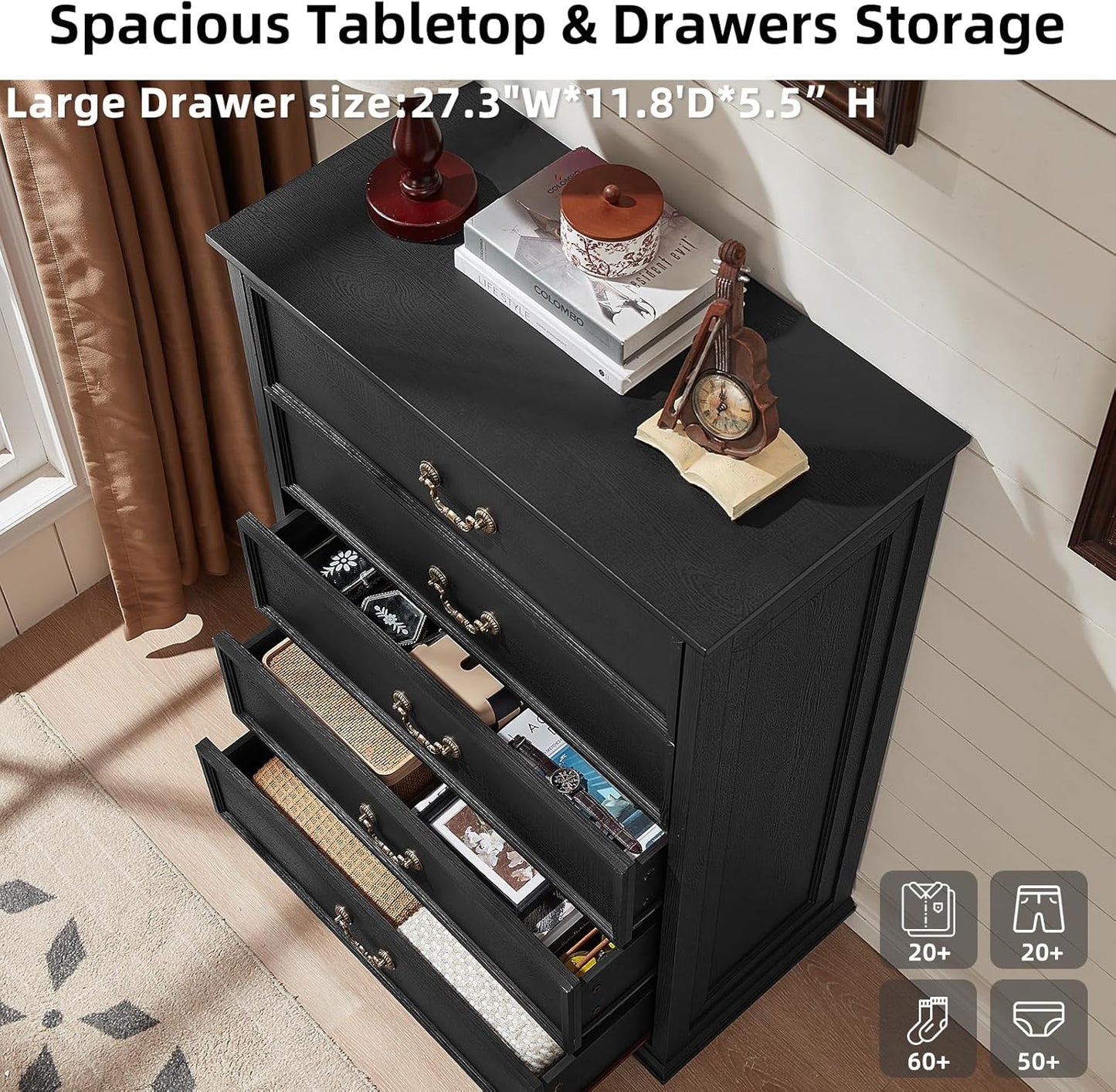 Farmhouse 5 Drawer Dresser for Bedroom, 45" Tall Rustic Chests of Drawers w/ 4 Solid Wood Feet, Mid Century Modern Wooden Closet Storage Dressers Organizer for Living Room, Hallway, Black