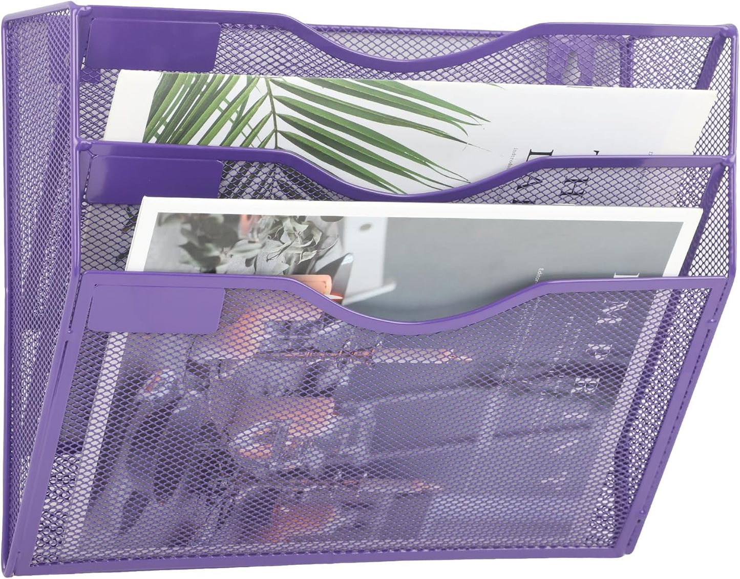 EASEPRES 3 Pocket Mesh Hanging Wall File Organizer, Wall Mounted Mail Paper Document Folder Holder, Clipboard Storage Organization Magazine Rack with Nametag Label for Office School Home, Purple