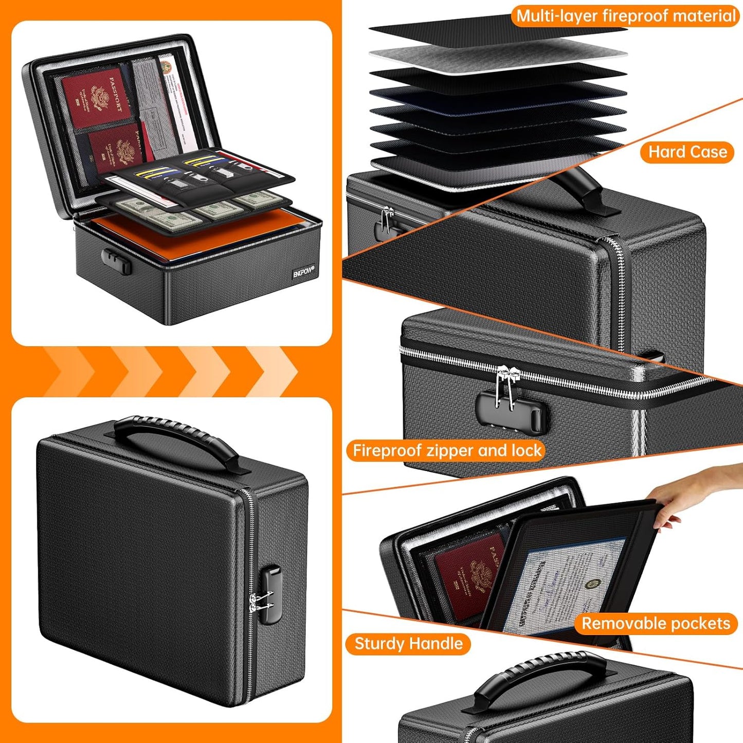 ENGPOW Fireproof Document Box with Lock, Fireproof Water Resistant Heat Insulated Safe Box Hard Case with Fireproof Zipper, Portable Home Office Travel File Organizer for Important Documents and More