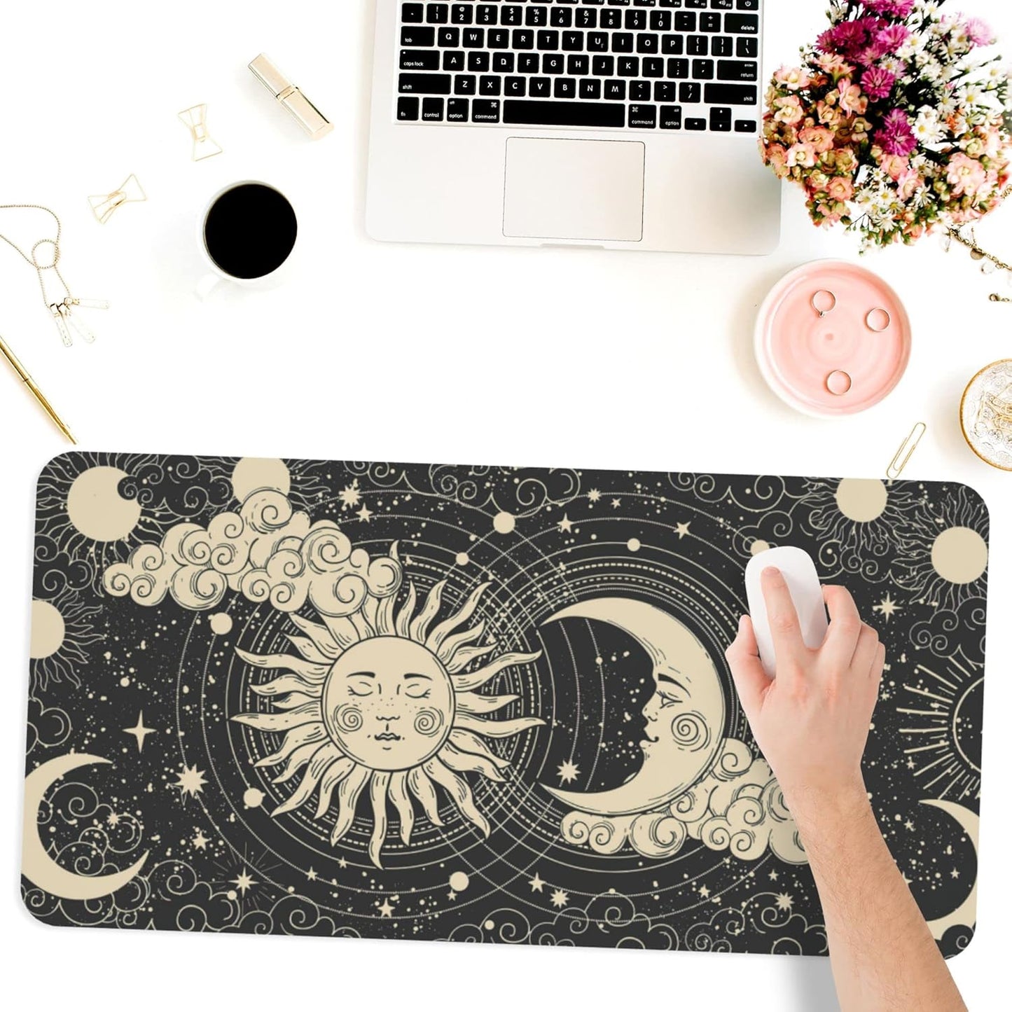 Desk Mat,Celestial Sun and Moon Extended Gaming Mouse Pad for Office Work & Game,Computer Keyboard Mouse Mat Desk Non-Slip Rubber Base Large Mousepad with Stitched Edges, 31.5x15.7inch