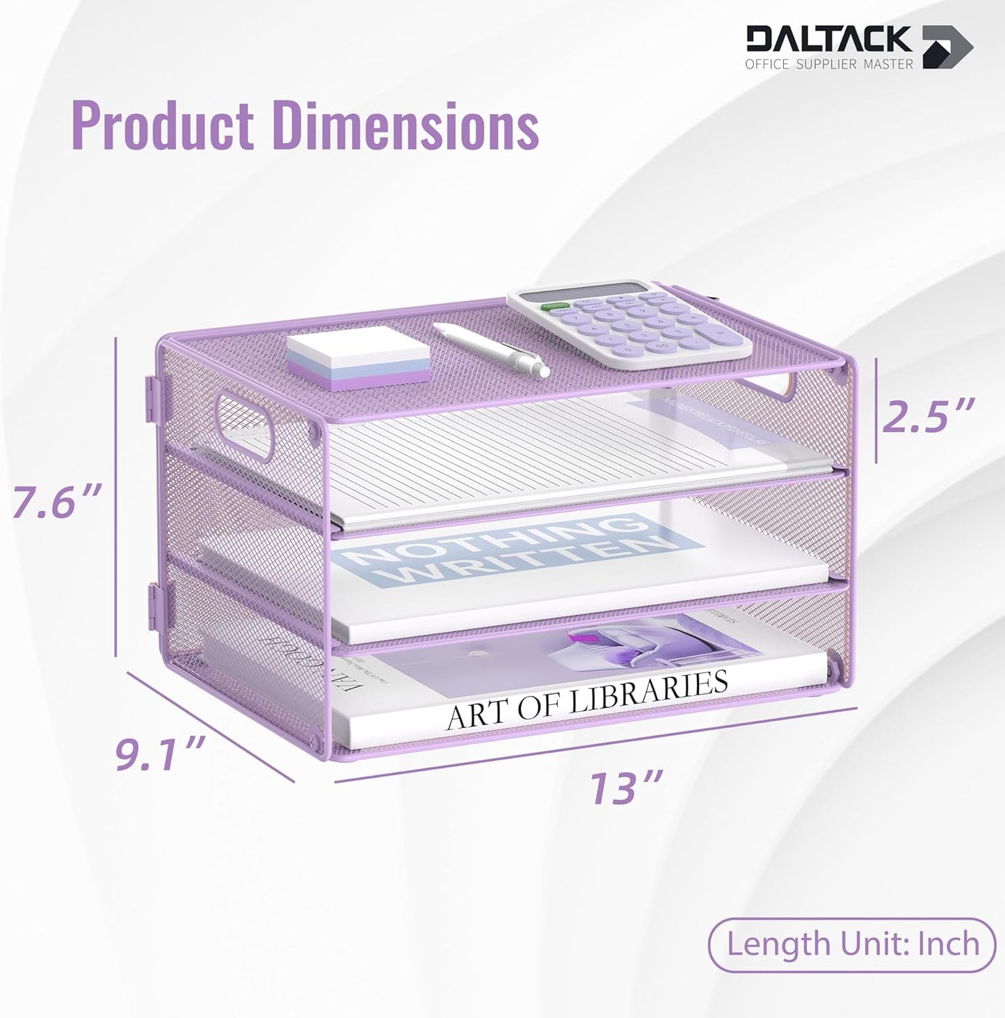 DALTACK 3 Tier Letter Tray Paper Organizer with Handle, Mesh Desk File Organizer, Paper Tray Desk Organizer for School Office Home, Metal Mesh, Purple