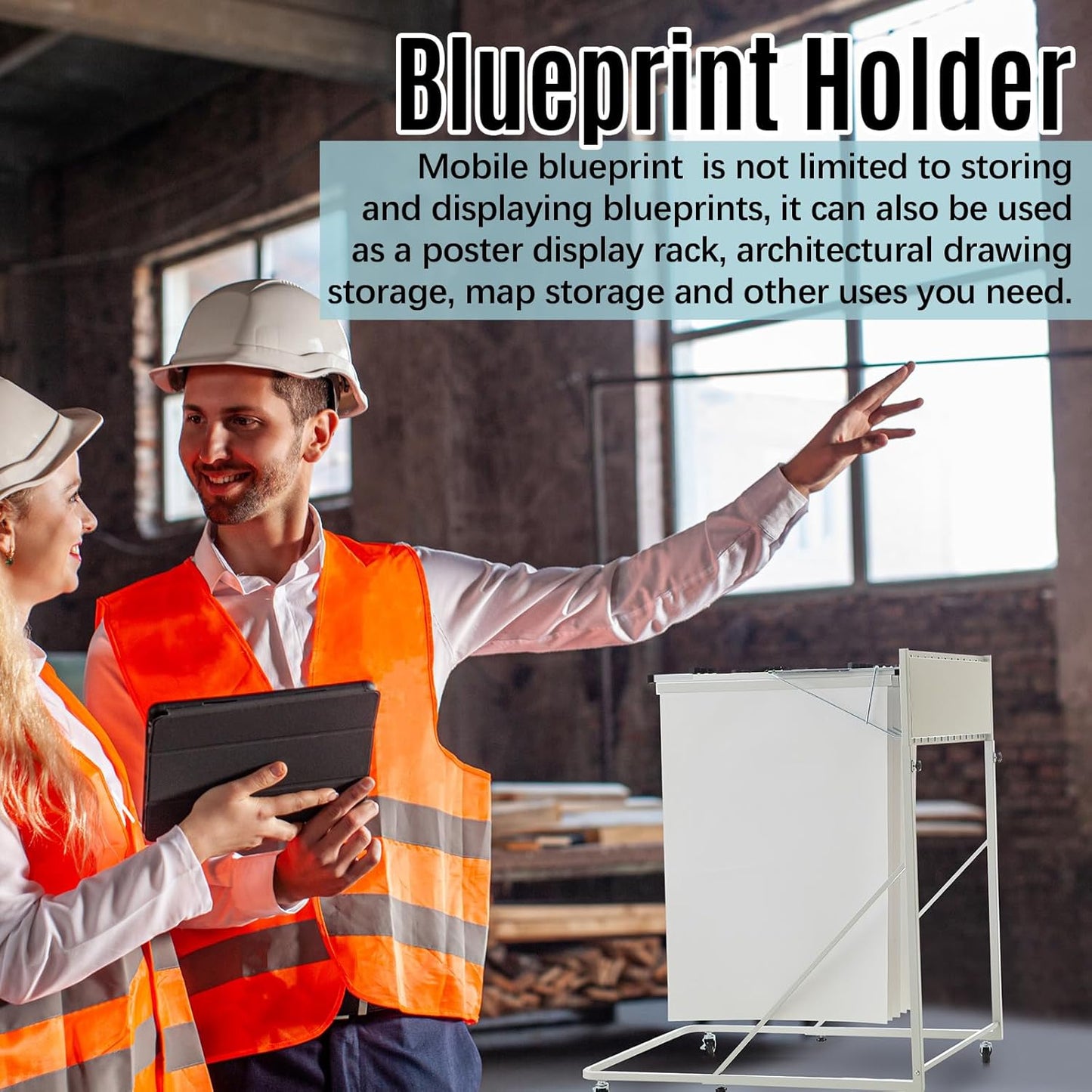 Estune Mobile Blueprint Holder Rack, Adjustable Mobile Blueprint Holder with 6 24 in Hanging Clamps 4 Wheels Poster Display Rack Storage Organizer Stand for File Display Plan Office Home(Silver)