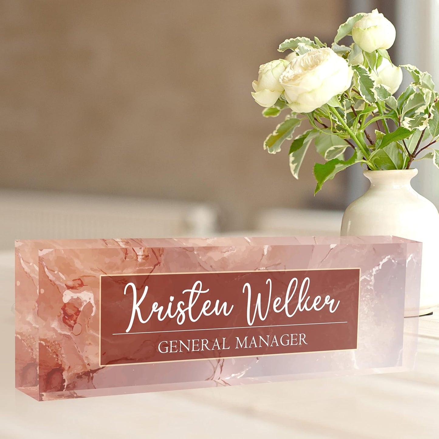 Desk Name Plate Personalized, Premium Pink Marble Acrylic Desk Name Plate, Personalized Name Plate for Desk, Office Decor for Women or Men Coworkers, Boss, Employee, Teacher