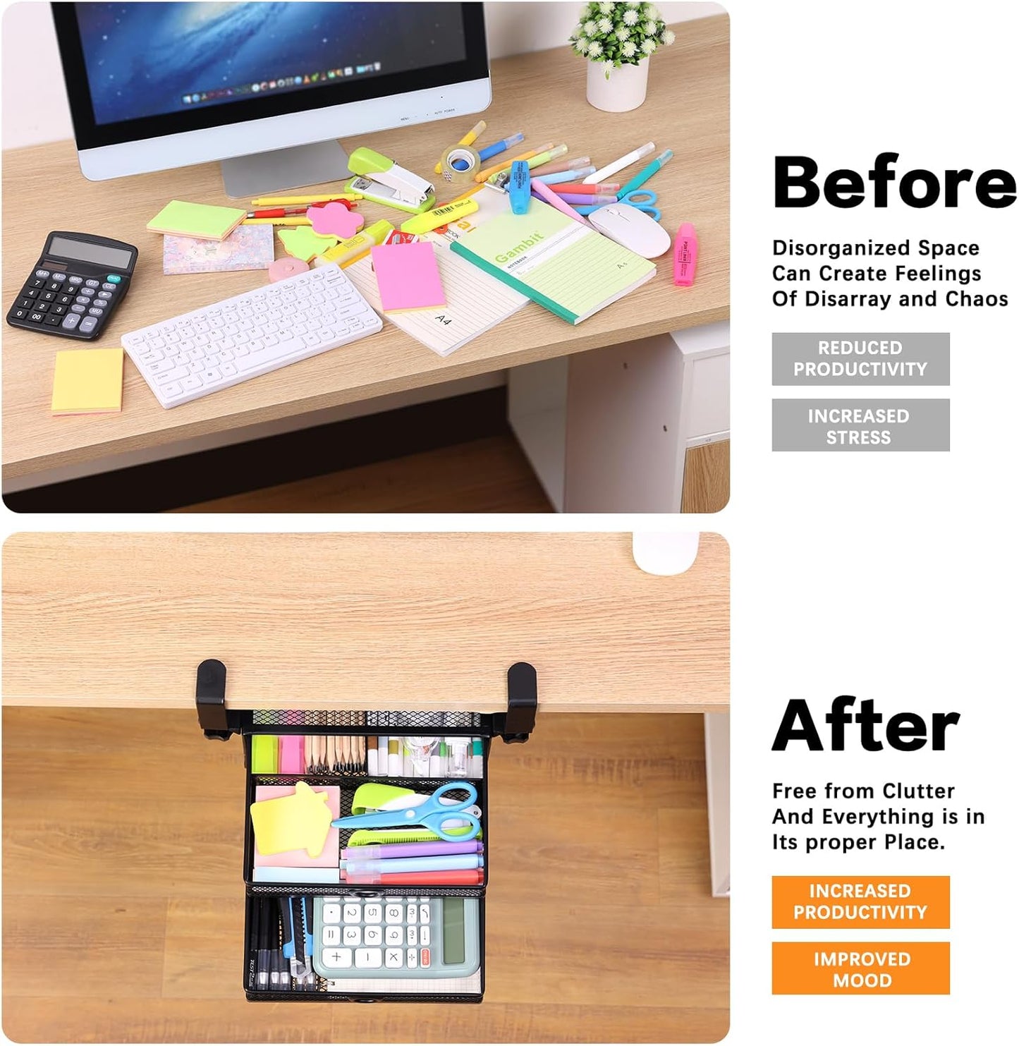 2-Tier Clamp-On Mesh Organizer, Under Desk Storage with Slide-Out Tray, No Drilling Tool-Free Installation, Durable Rust-Resistant Metal, Large-Capacity Organizer.