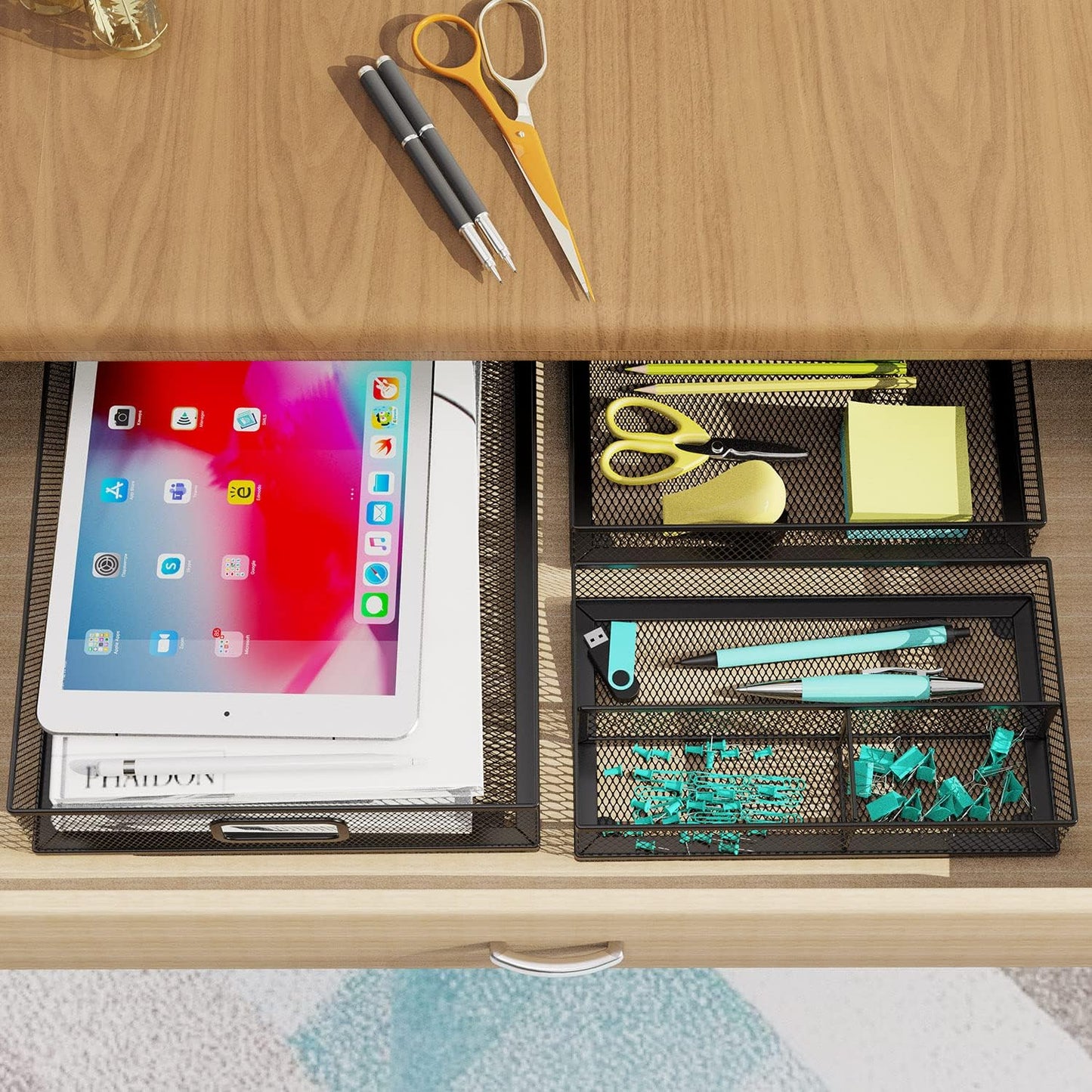 Desk Drawer Organizer Set, 3 Pcs Metal Mesh Office Drawer Organizers, Paper Organizer Letter Tray for Desk, Junk Drawer Organizer for Office, Kitchen, Makeup, Vanity