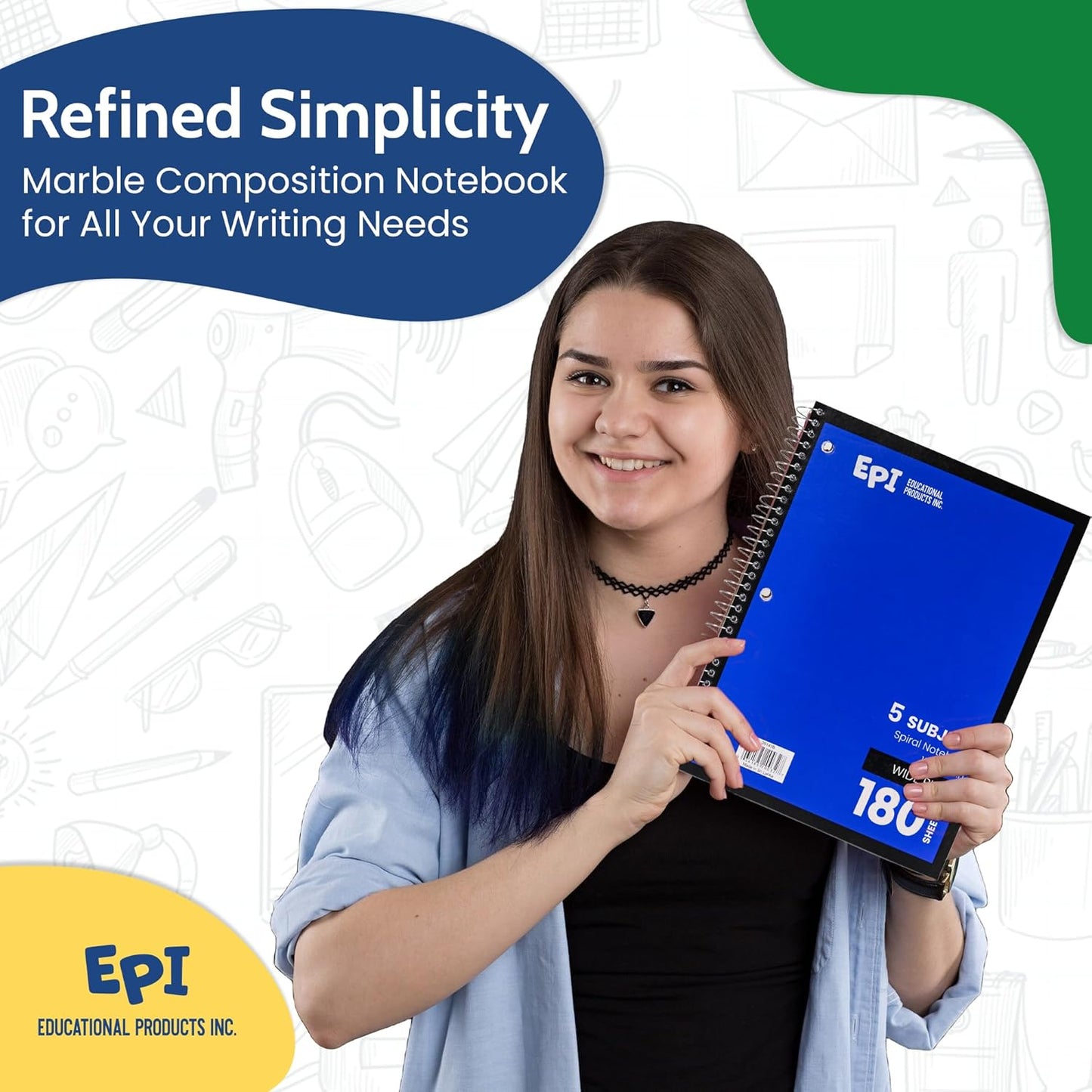 EPI Spiral Notebook | 5 Subject - Wide Ruled - 180 Sheets, Durable Spiral Binding | 10.5 x 8 in | Classroom Supplies | School, Office, Note Taking, Journaling - 12 Pack