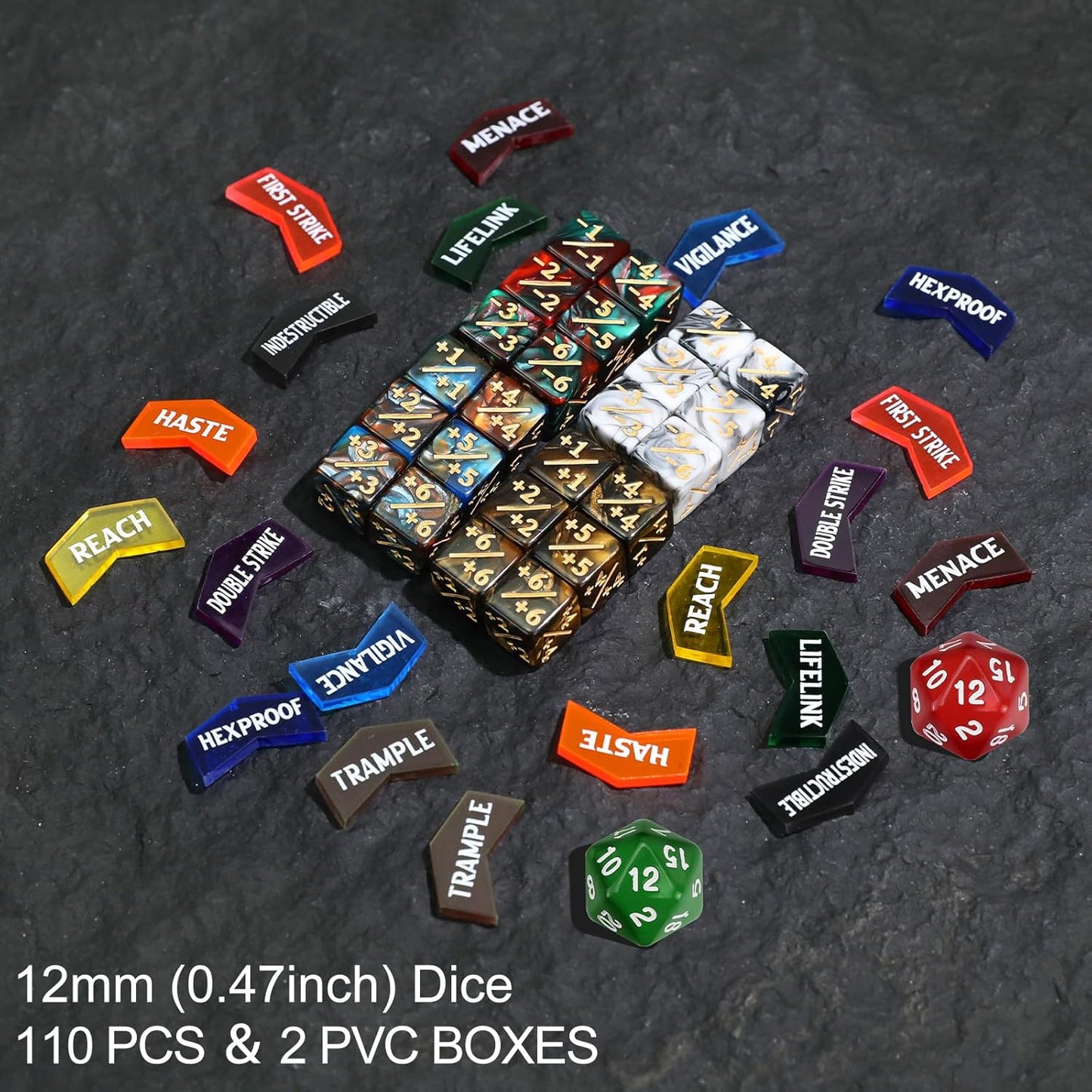 110 Pieces MTG Keyword Tokens 12mm Counters Dice for Magic The Gatering, MTG Abilities Keyword Buff Tokens D6 D20 Life Counter Dice for TCG CCG Magic Card Games Accessories