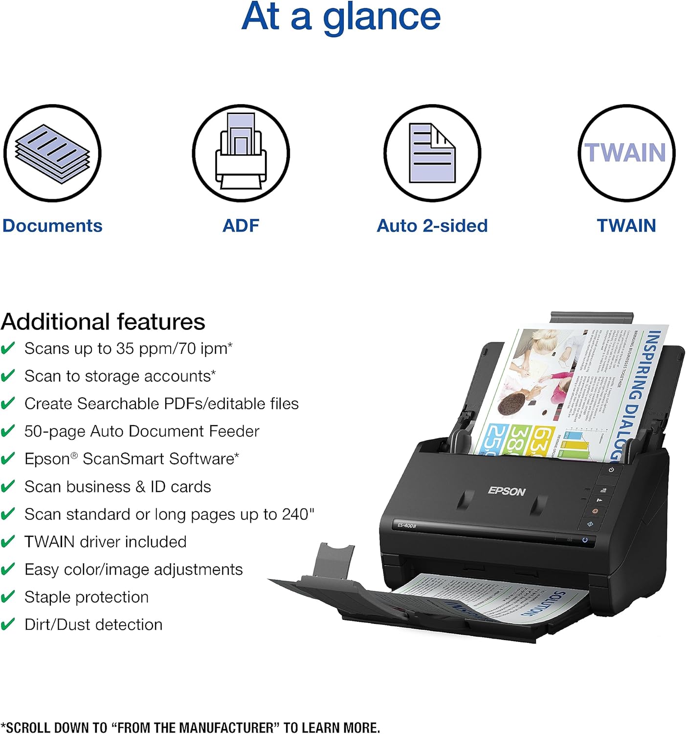 Epson Workforce ES-400 II Color Duplex Desktop Document Scanner for PC and Mac, with Auto Document Feeder (ADF) and Image Adjustment Tools, ES-400 II