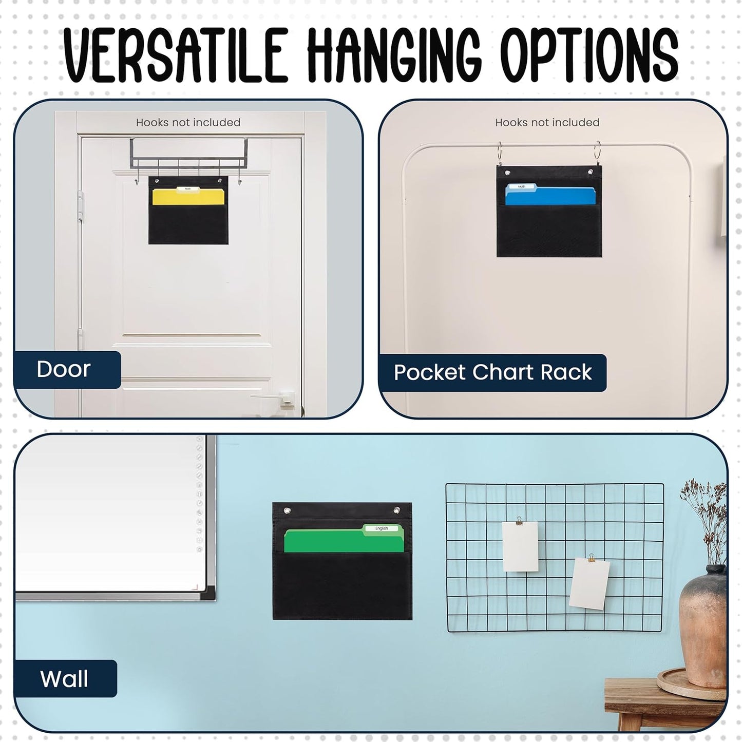 Essex Wares - 1 Pocket File Pocket Chart, Black - Versatile Wall Hanging File Folder Organizer for Classroom, Office, Home, and More - Wall Folder Organizer - Single Pocket