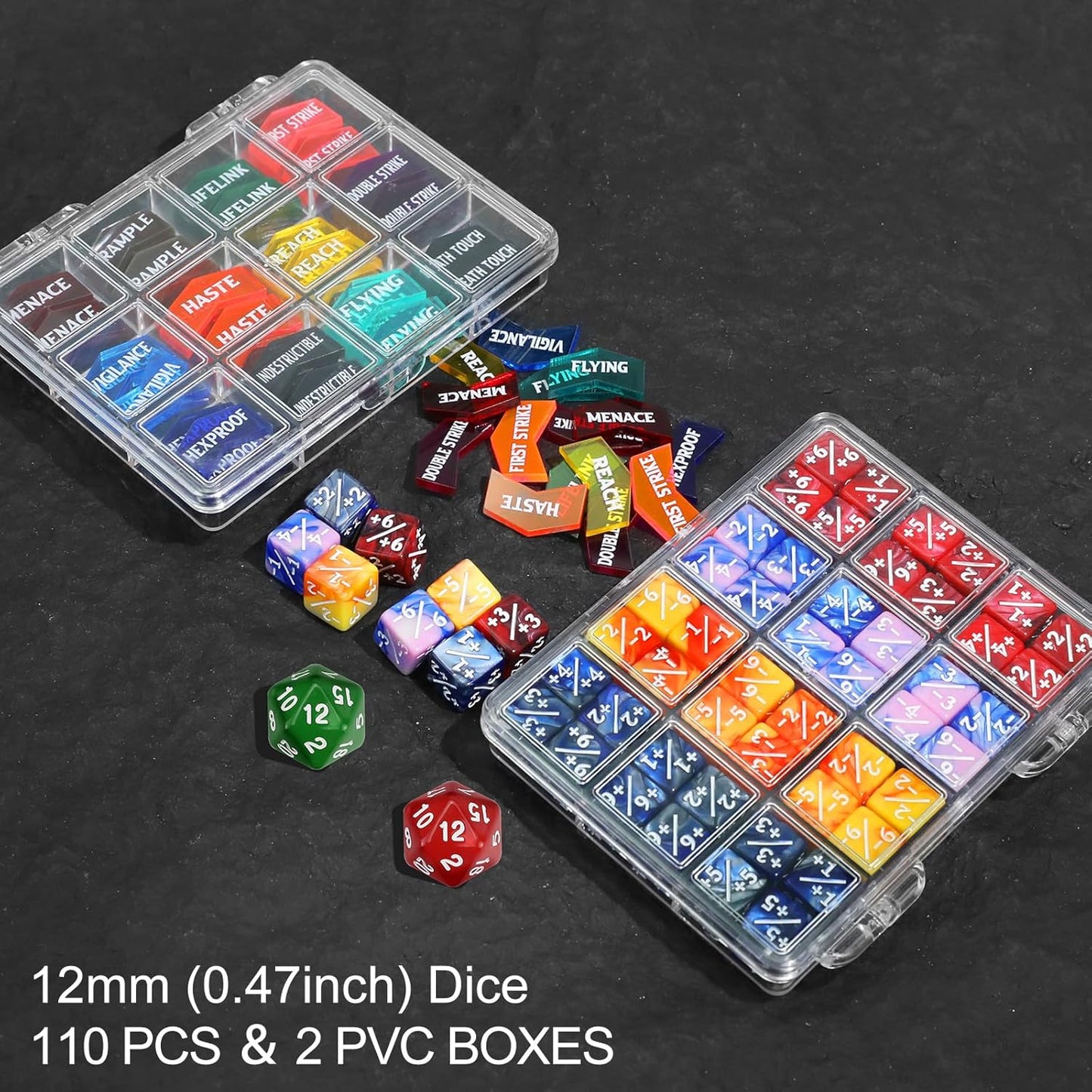 110 Pieces MTG Abilities Keyword Tokens 12mm Dice Counters Set with Box, MTG Life Counter Buff Tokens Dice for Magic The Gatering, Compatible with TCG CCG Magic Card Games Accessories