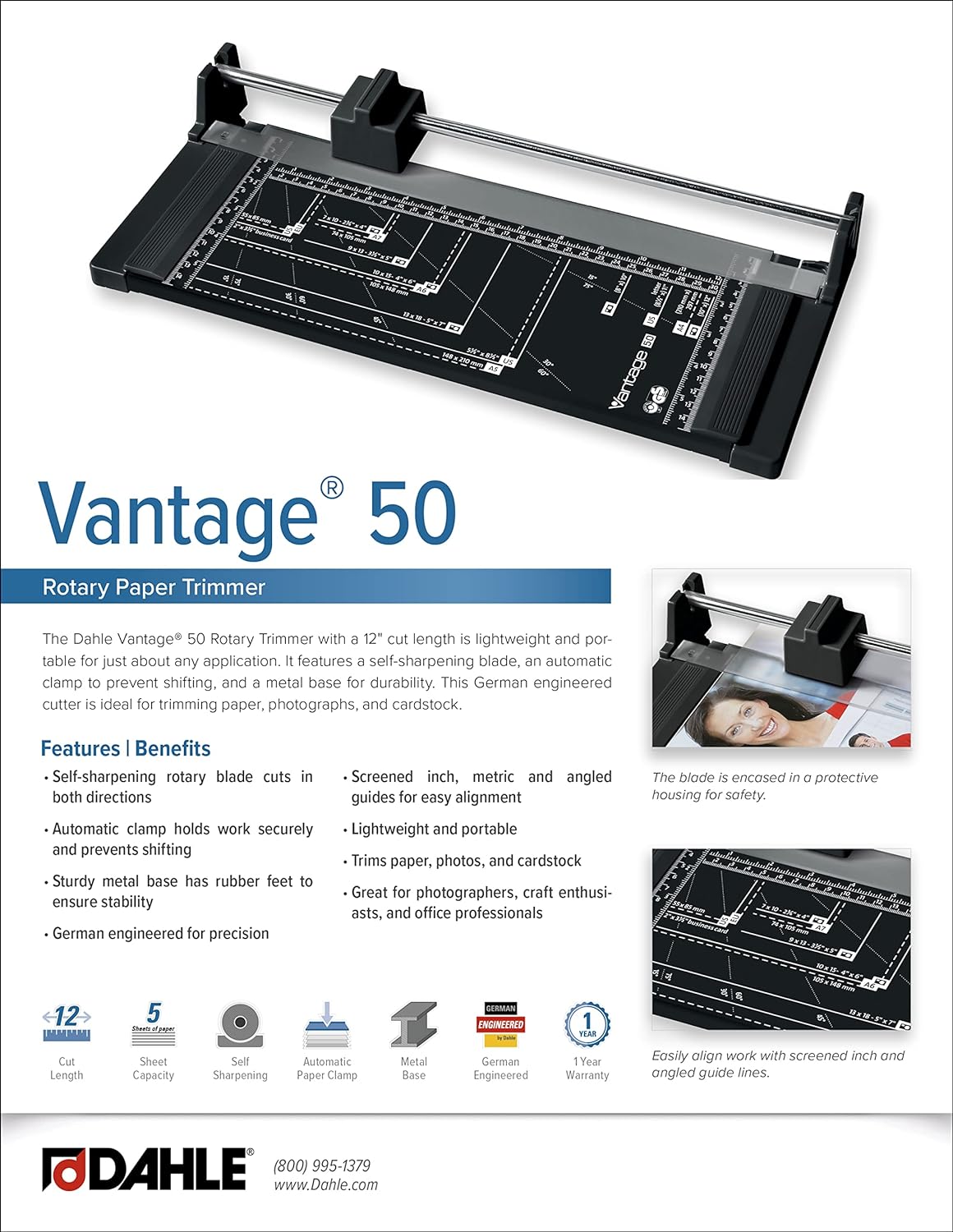 Dahle Vantage 50 Rotary Trimmer, 12" Cut Length, 5 Sheet Capacity, Self-Sharpening, Automatic Clamp, German Engineered Paper Cutter