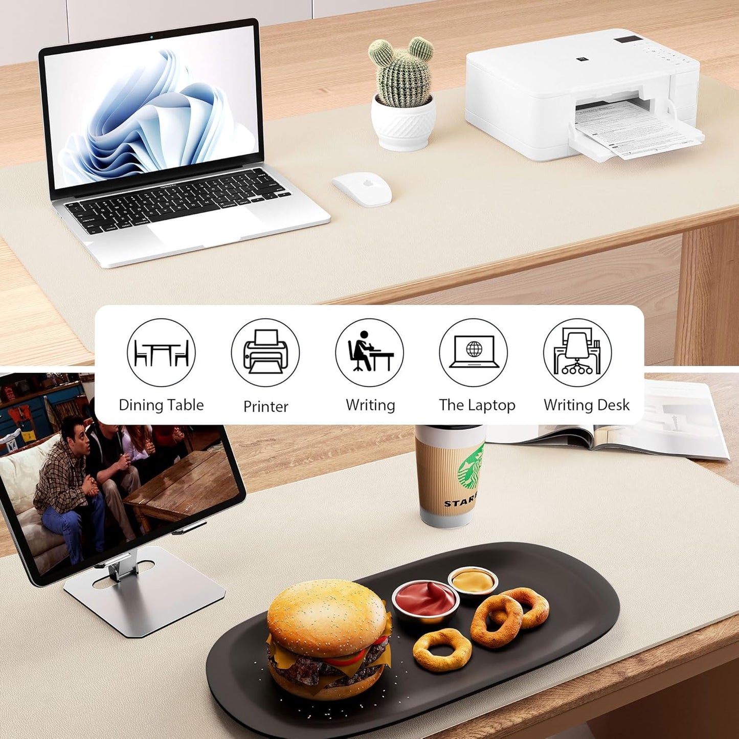 Aothia Dual-Sided Desk Mat - Natural Cork & Leather Desk Protector, Large Mouse Pad, Waterproof Blotter, Writing Pad for Office/Home, Beige (25.6"x13.7")