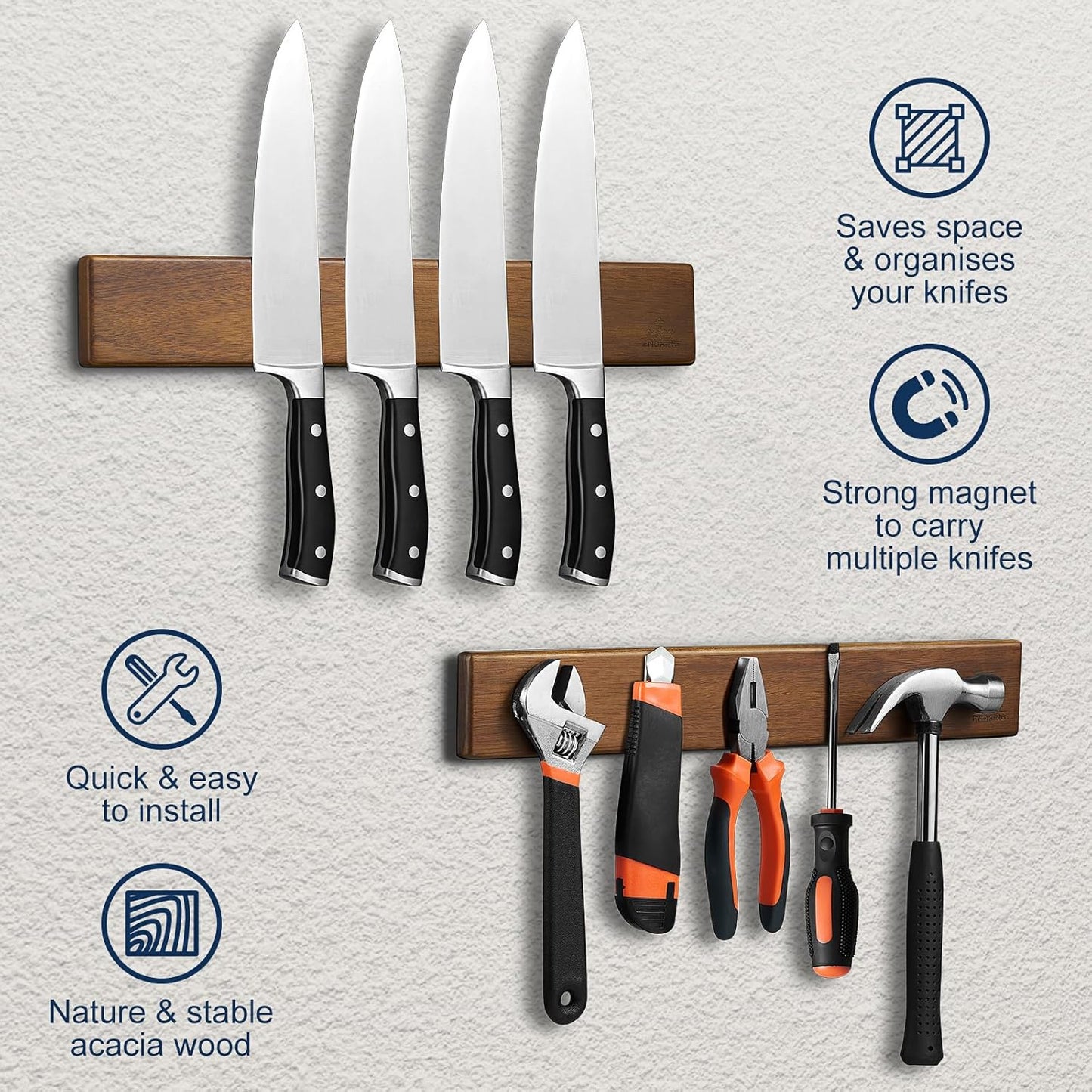 ENOKING Magnetic Knife Holder for Wall, Knife Magnetic Strip No Drilling 16 Inch, Powerful Kitchen Knife Magnetic Holder, Acacia Wood Knife Magnet for Kitchen Utensil Organizer with 4 Hooks