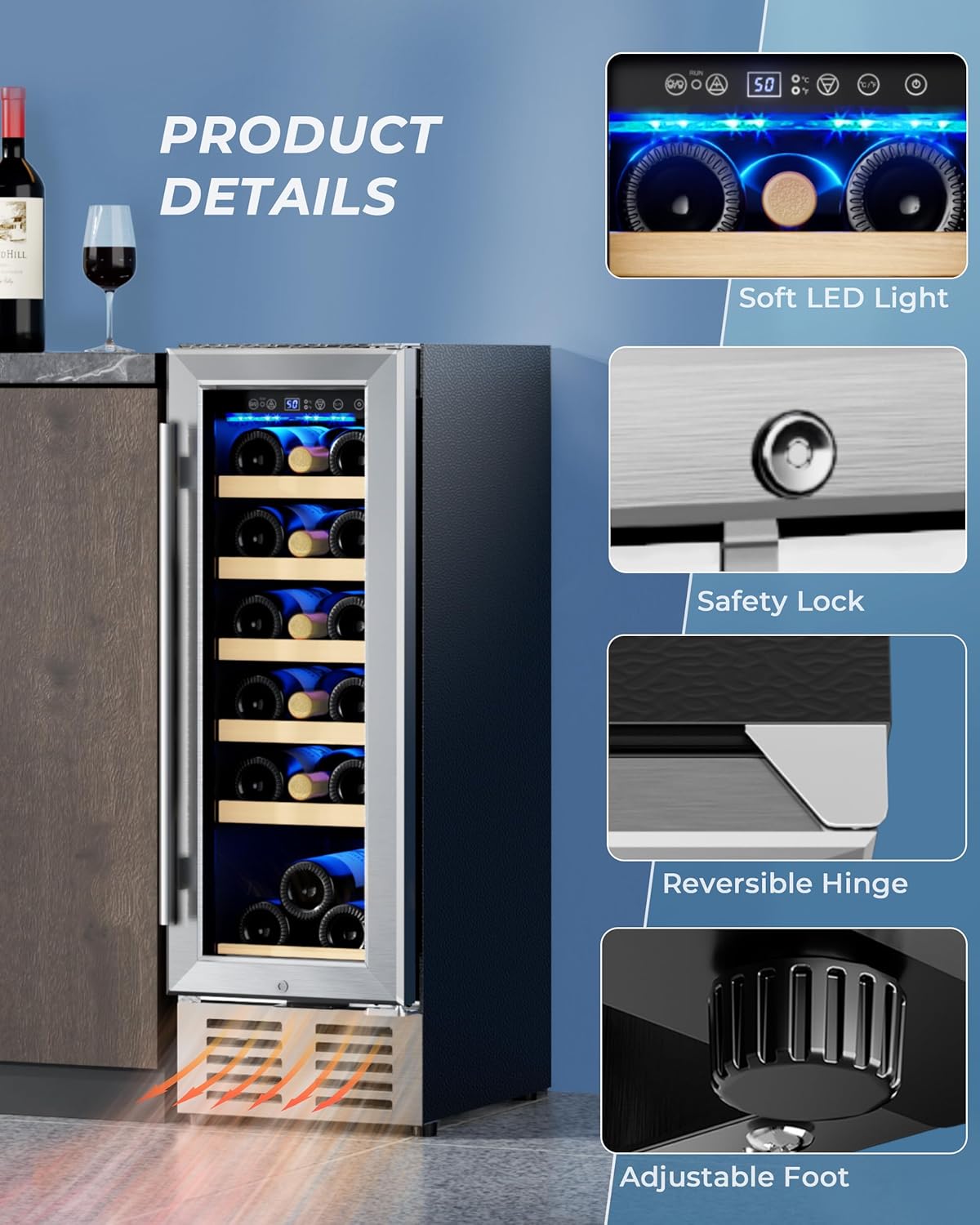 EUHOMY 12 Inch Wine Cooler Refrigerator, Wine Fridge 18 Bottles, Built-in or Freestanding with Double-Layer Tempered Glass Door, Mini Fridge with Quiet and Temperature Memory Function