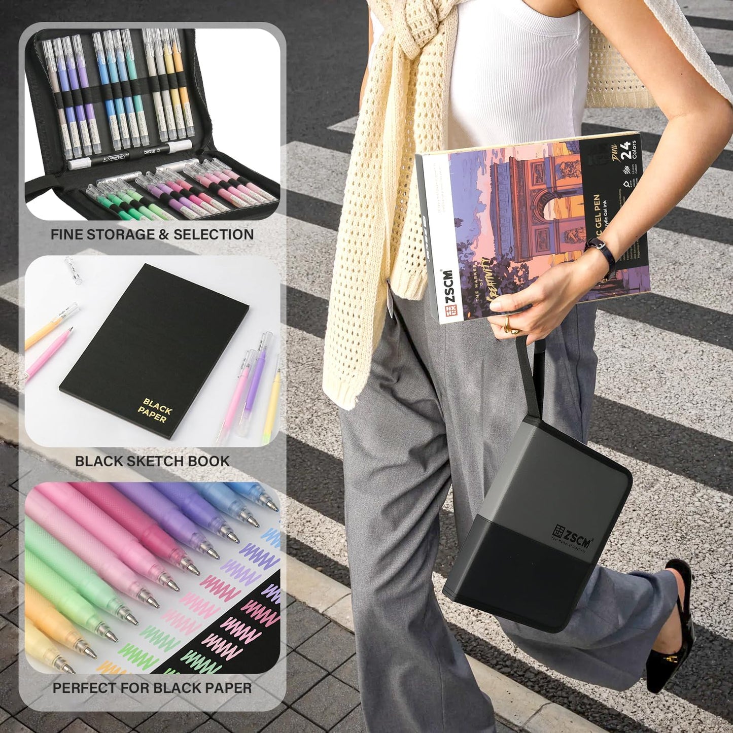 24 Colors 3D Acrylic Gel Pens & Black Paper Sketchbook for Drawing, 1mm Fine Point Acrylic Ink Pen, Opaque Archival Dull Ink Pens for Black Paper Drawing, Sketching, Illustration, Card Making