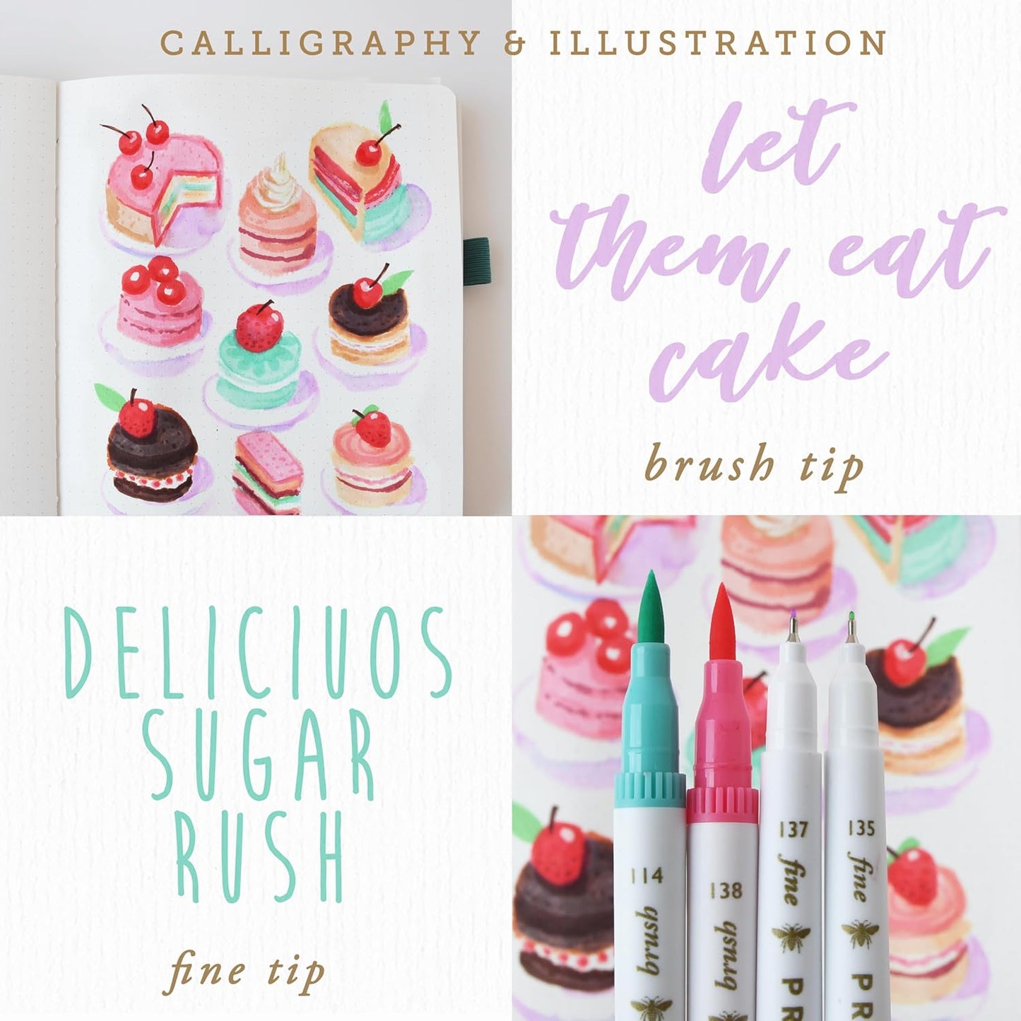 Primrosia 12 Dual Tip Watercolor Marker Pens - Fine Tip & Brush Tips, Professional Quality, 4 x Sticker Sheets, Blendable, Non-Toxic, Perfect for Calligraphy, Drawing & Coloring. (Patisserie)