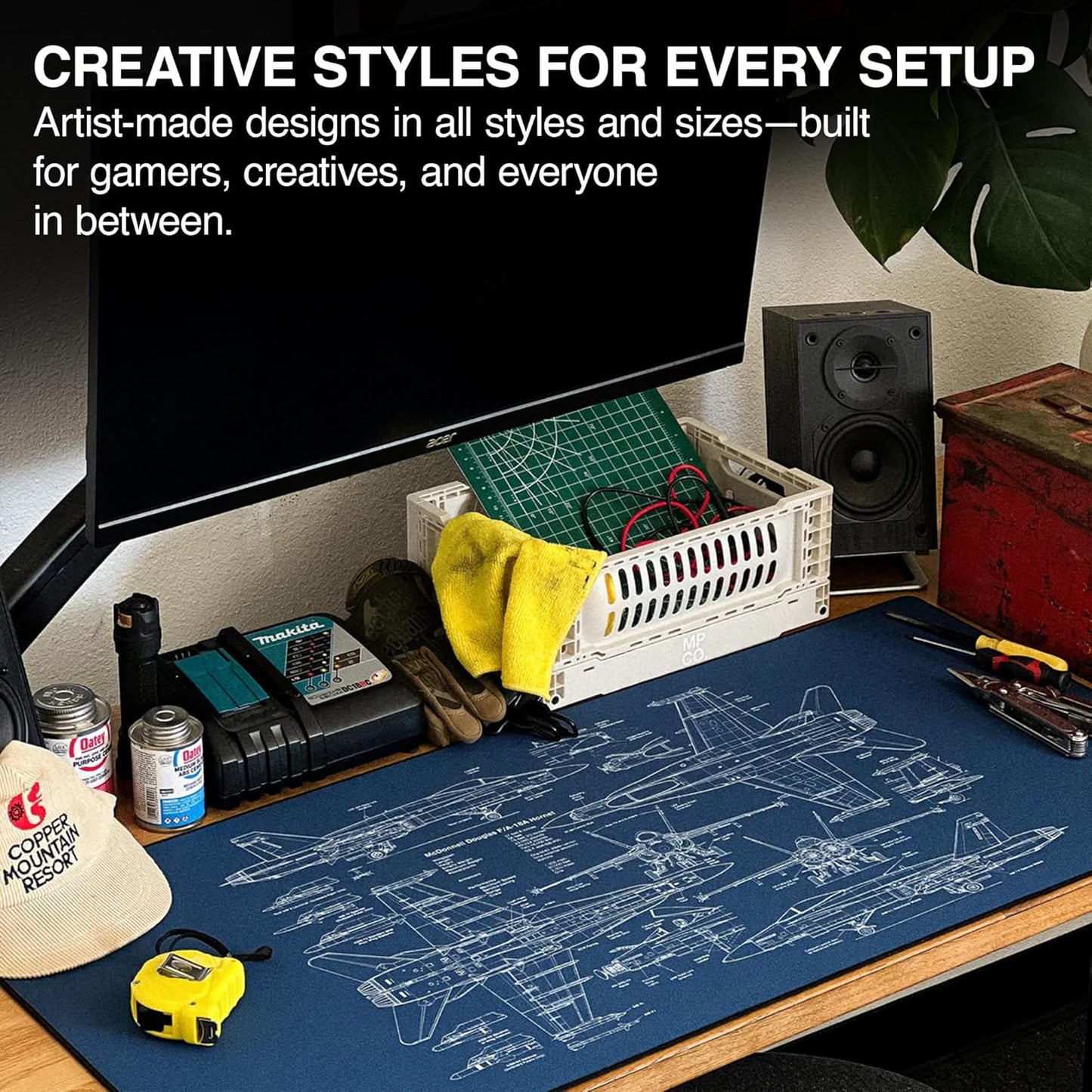 MPCO. Blueprints Large Gaming Desk Pad - 36" x 17" Duraglyde Fabric 18A Hornets – Blue Desk Mats - Non-Slip, Washable, Smooth Glide for Precision Gaming & Work
