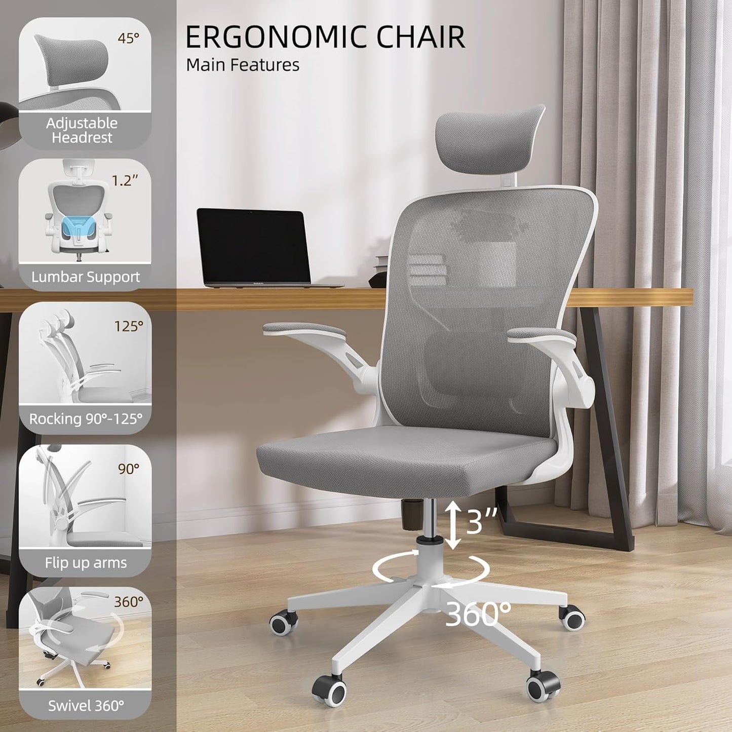 Ergonomic Office Chair, High-Back Mesh Computer Desk Chair with Adjustable Height, Lumbar Support, Flip-Up Armrests,headrest,and Swivel Rolling Design for Home and Office Use