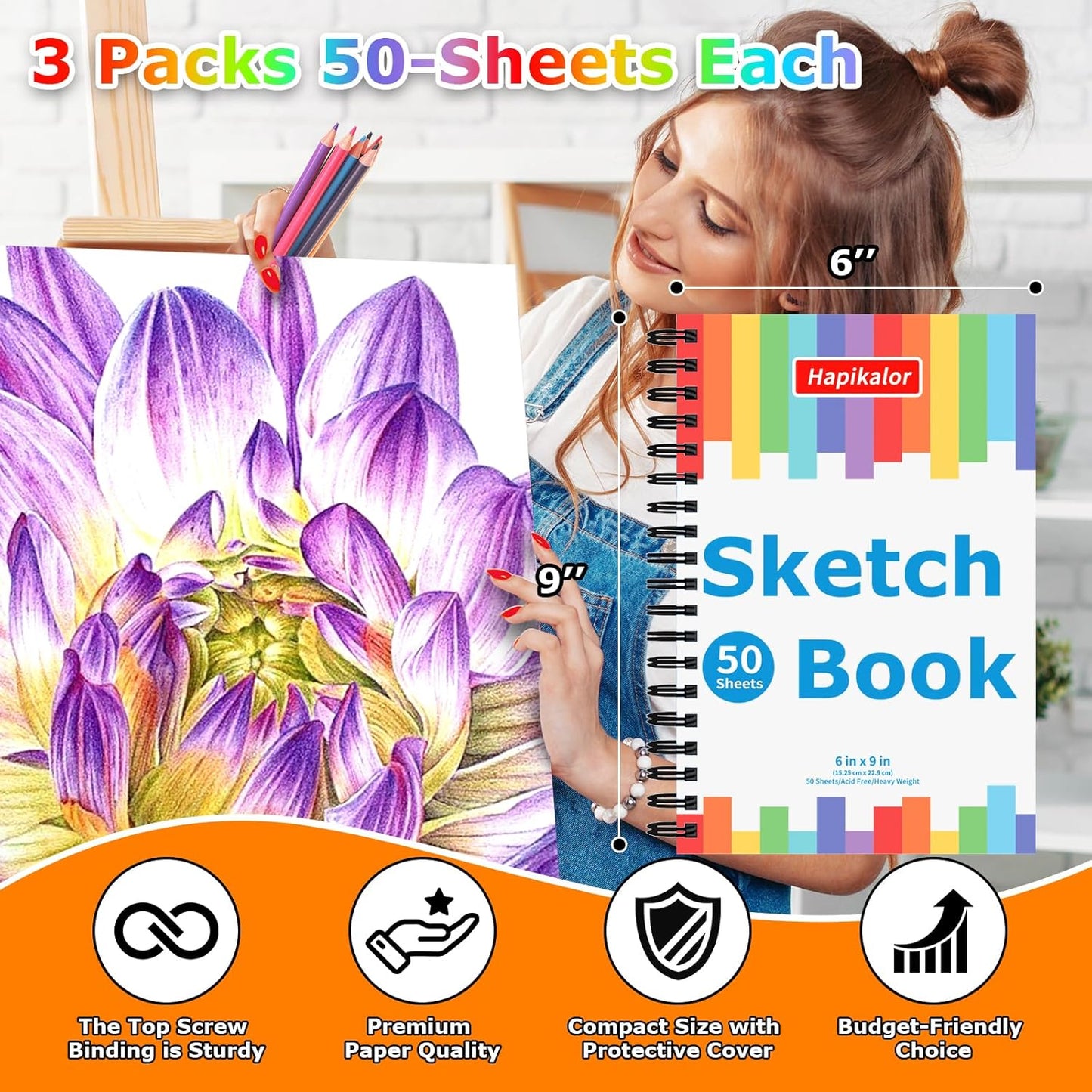 Drawing Pad for Kids, Sketch Pads 50 Sheets, 3-Pack Kids Travel Activities Spiral Bound Drawing Books Bulk 6" x 9 ", Drawing Paper for Kids 9-12