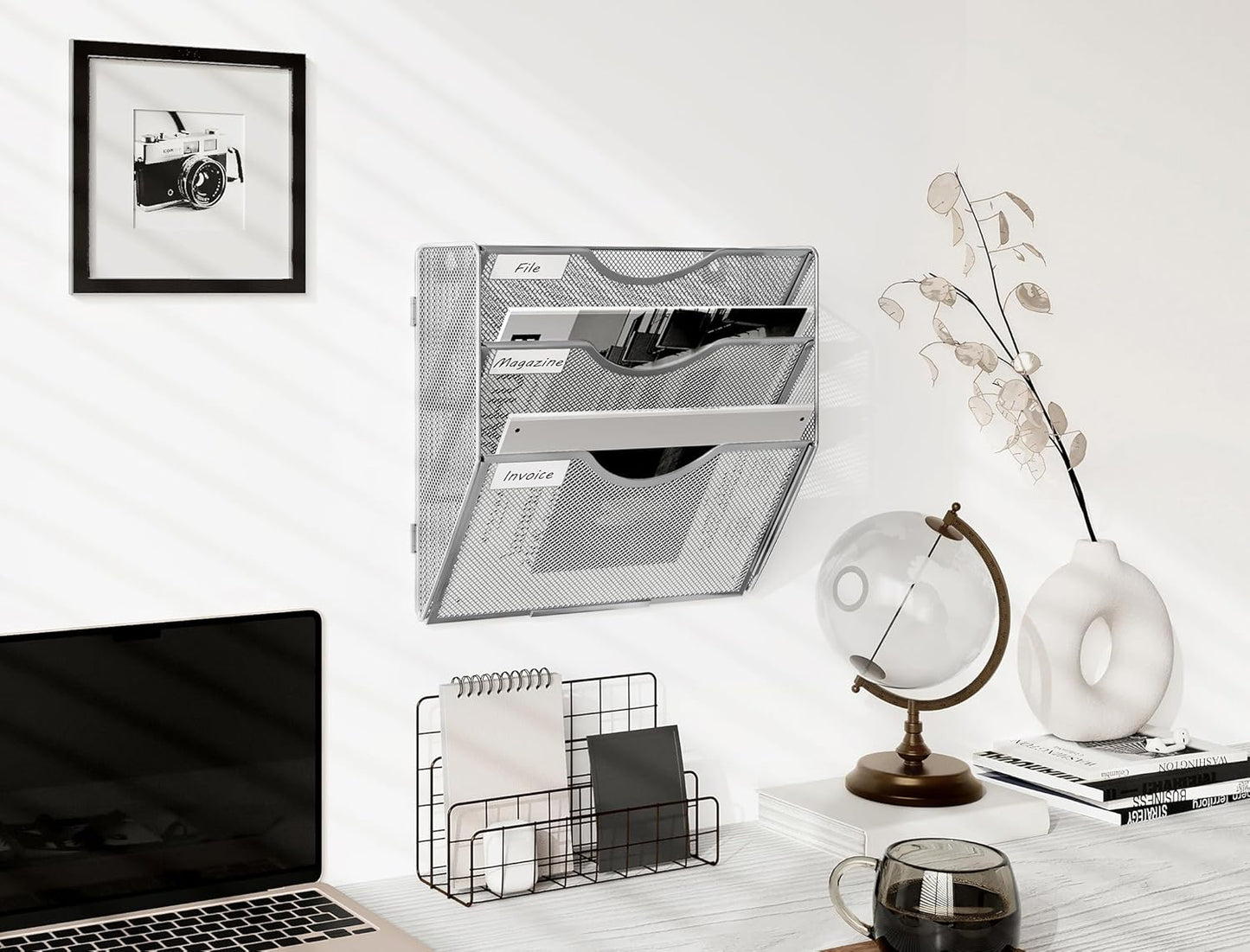 EasyPAG Wall File Holder Organizer 3 Pocket Mesh Hanging Wall Mounted Document Paper Folder Filing Magazine Rack with Nametag Label for Office Home School, Sliver