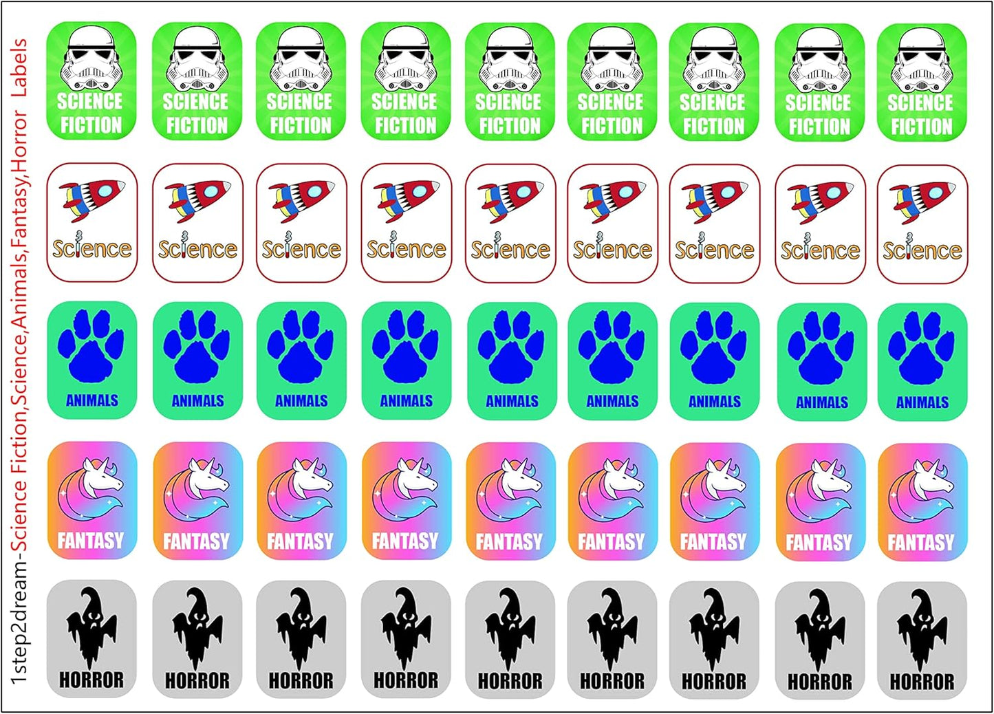 Genre Book Spine Labels for Library | Classroom Library Classification Stickers 450pcs | Science Fiction,Science,Animals,Fantasy,Horror