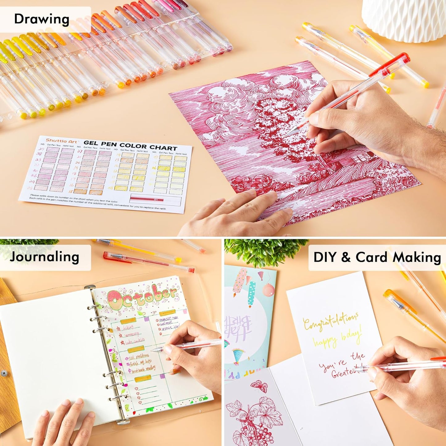 Shuttle Art 60 Pack Red Yellow Tone Gel Pens, 30 Red Orange Yellow Gel Pens with 30 Refills for Adults Coloring Books Journaling Drawing Nature, Landscapes, Animals Scenes