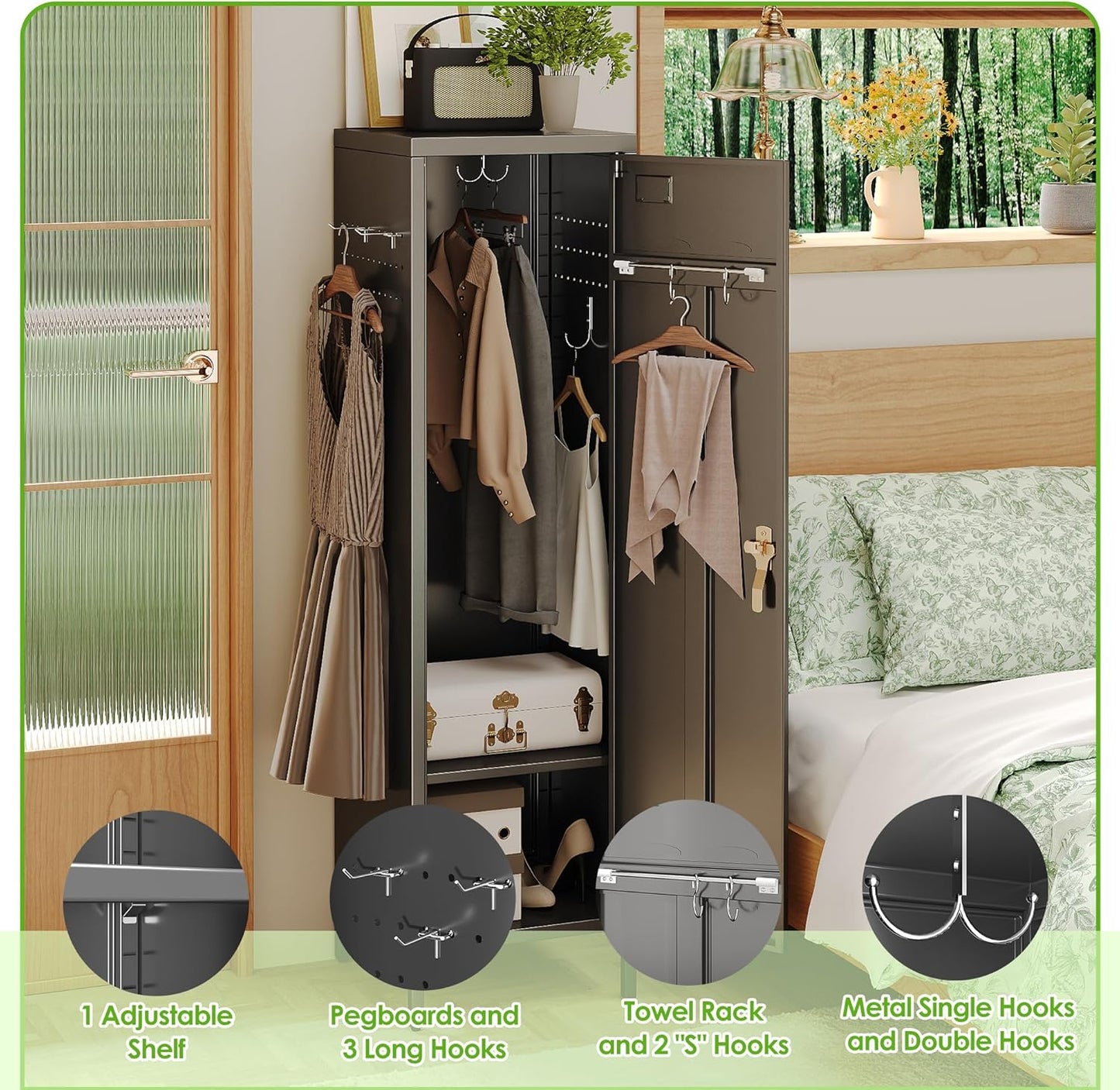 1 Door Metal Storage Locker with Handle and Hanging Rod,Metal Locker for Employees with Pegboard and Hooks for Gym, School, Office,Home,Garage,Grey,Assembly Required,Black