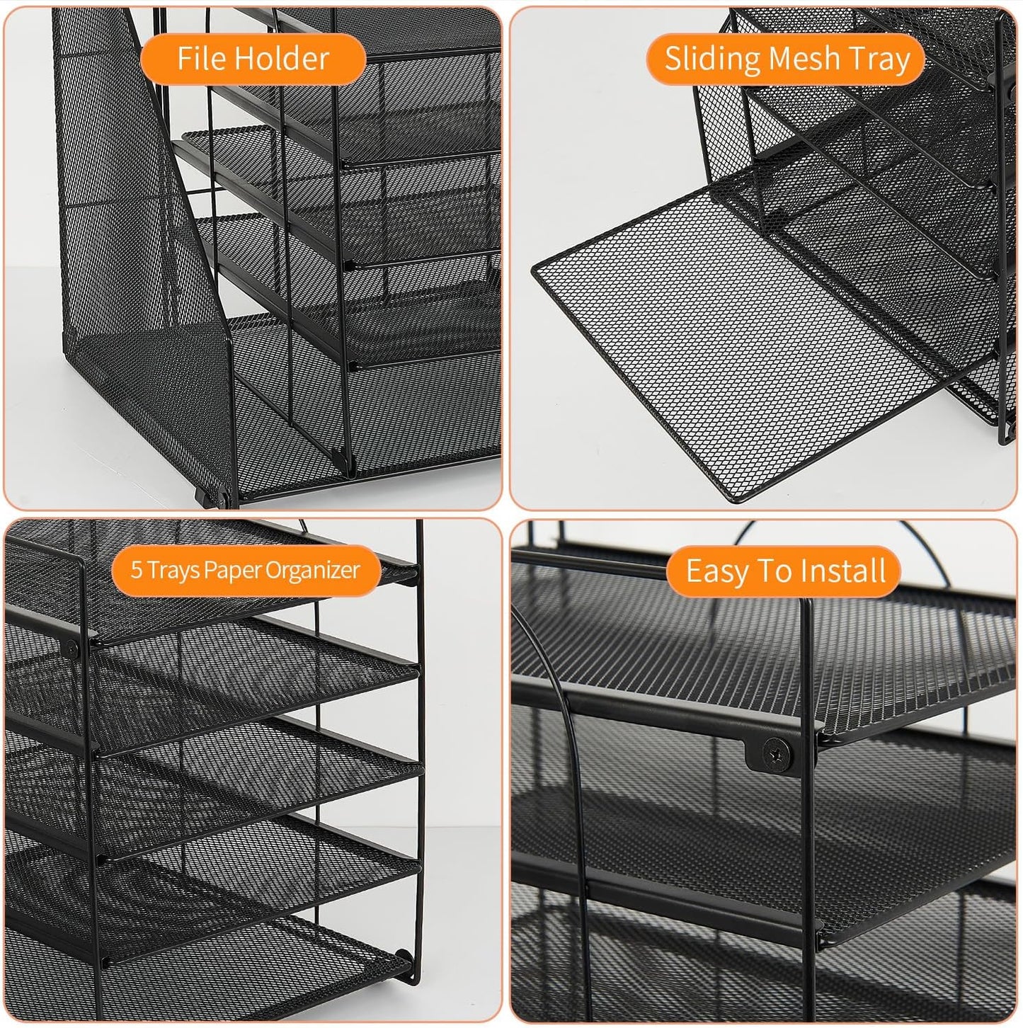 Desk Organizers and Accessories, 5-Tier Paper Letter Tray Organizer with File Holder, Desktop Organizer for Office Supplies (Black)