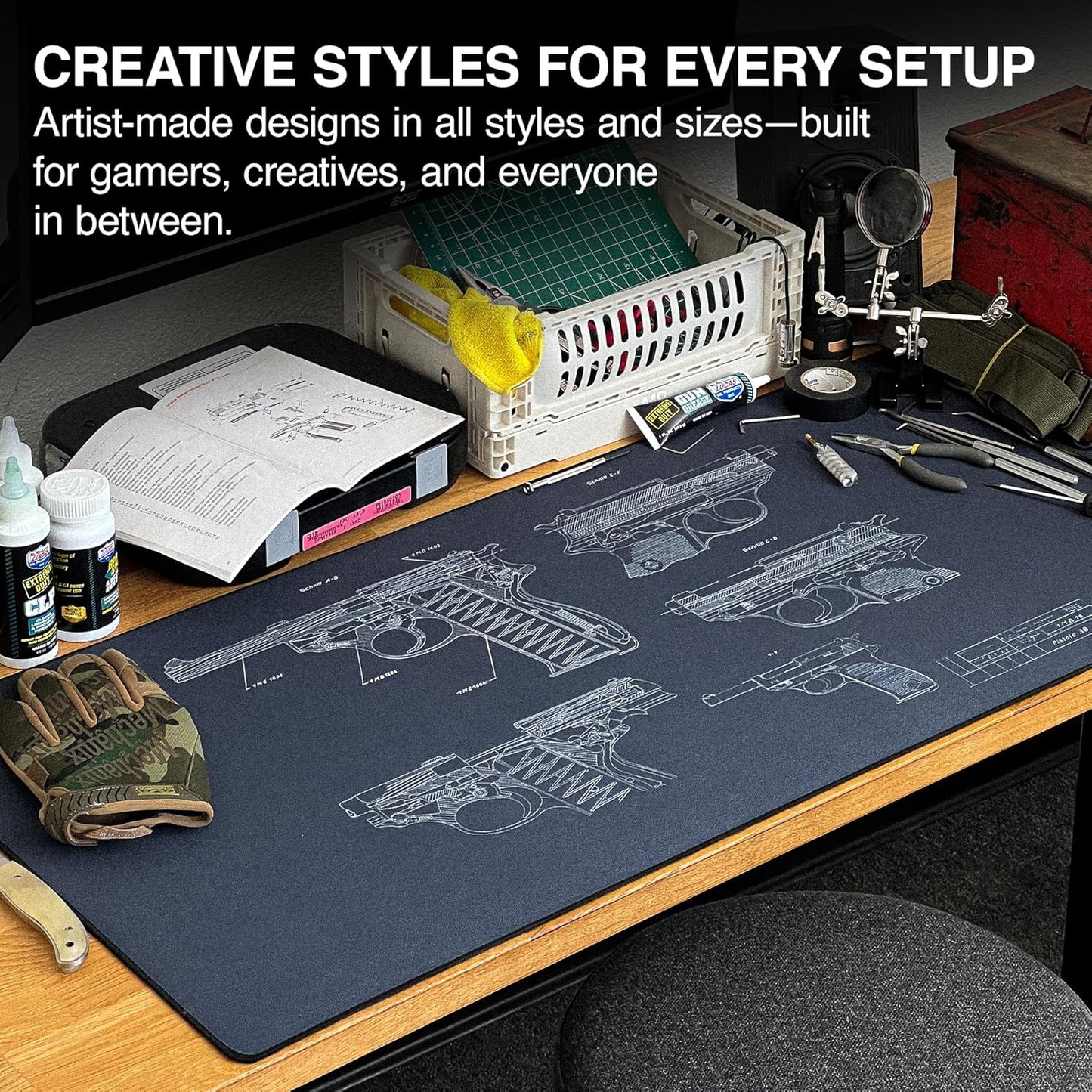 MPCO. Blueprints Large Gaming Desk Pad - 36" x 17" Duraglyde Fabric Pistol 38 – Blue Desk Mats - Non-Slip, Washable, Smooth Glide for Precision Gaming & Work