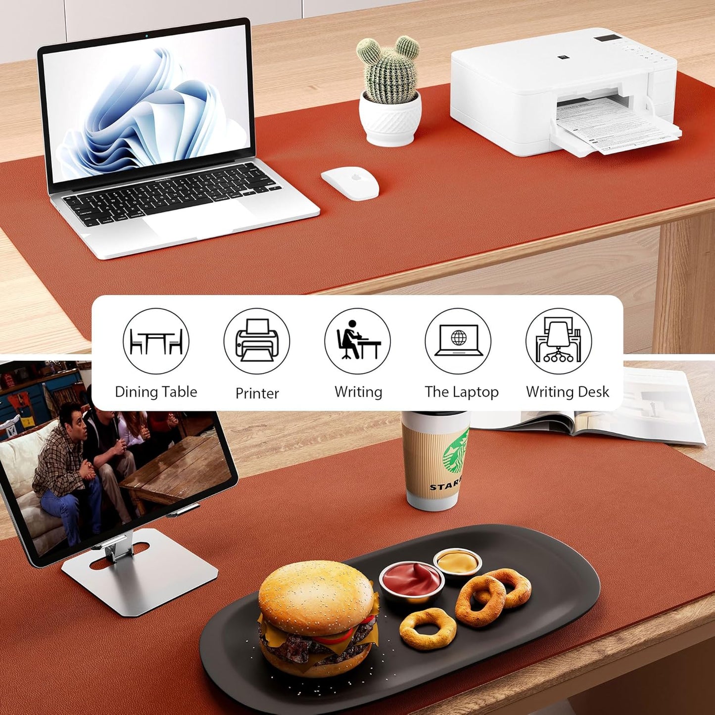 Aothia Dual-Sided Desk Pad - Leather Desk Mat, Natural Cork Desk Pad Protector, Large Mouse Pad for Desk, Waterproof Desk Blotter Pad, Desk Writing Pad for Office Work/Home, Maple Brown(35.4" x 15.7")