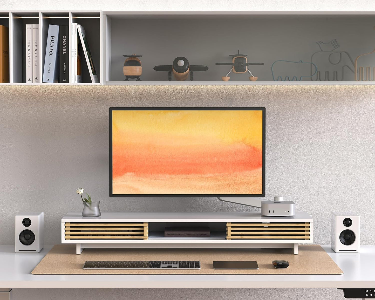 Dual Monitor Stand Riser with Sliding Door, Double Computer Laptop Stand Desk Shelf Organizer with Storage (White + Natural Bamboo, 38 Inch)