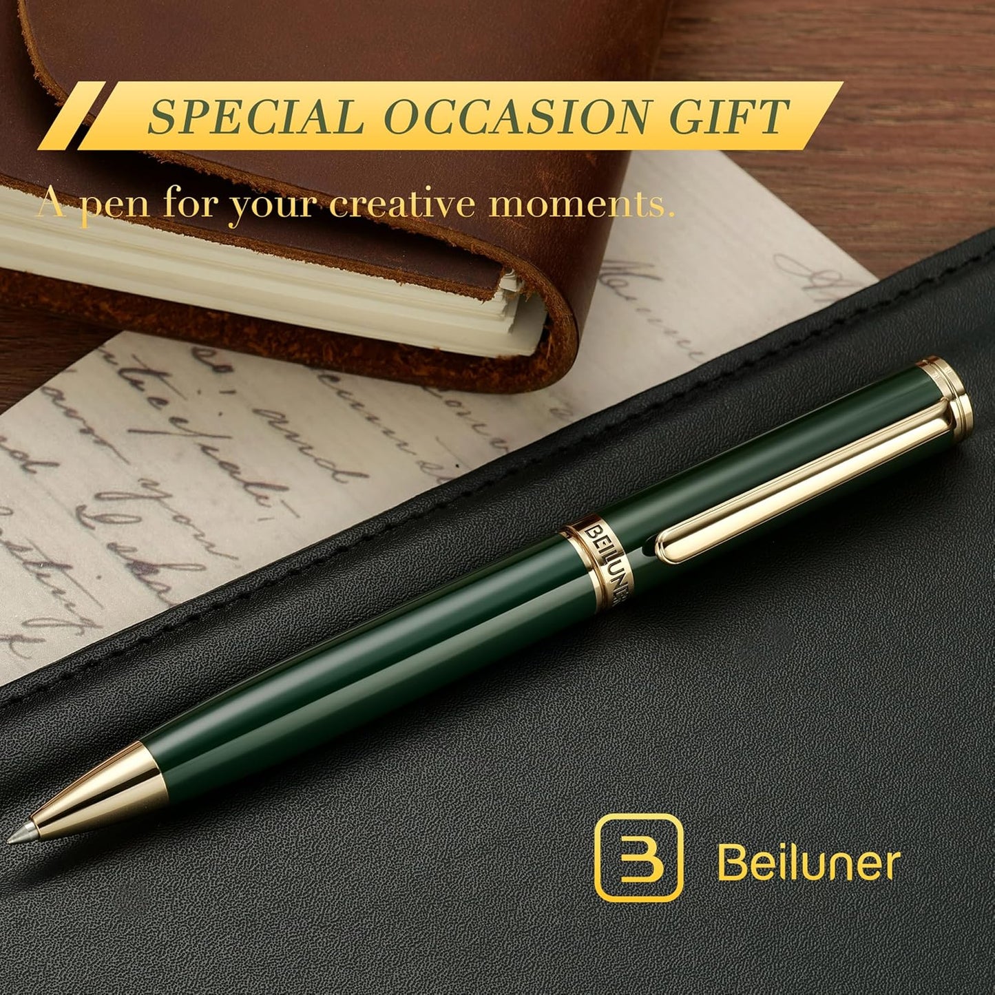 BEILUNER Luxury Gel Pen with 24K Gold Finish, Green Piano Lacquer, Luxury Grade Craftsmanship, Fancy Pen Gift Set for Men and Women, Graduation Gift, Executive, Office, Retractable, Nice Pen Set