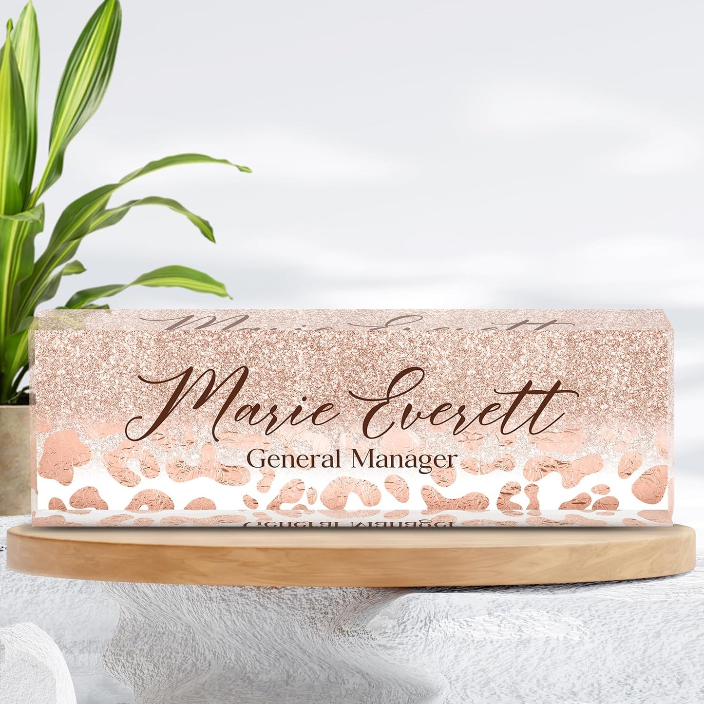 Custom Name Plate for Desk | Personalized Desk Name Plate | Personalized Boss Employee Appreciation Gifts | Acrylic Name Plate Office Desk Accessories (A-Rose Gold Leopard Print)