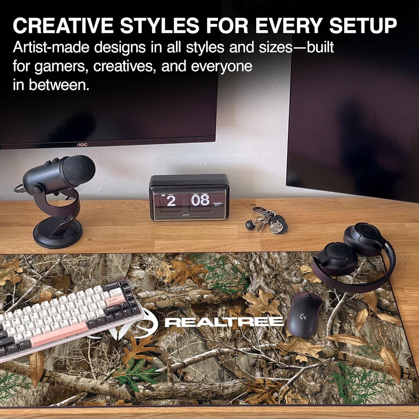 MPCO. Real Tree Large Gaming Desk Pad - 36" x 17" Duraglyde Fabric Edge Green – with Logo Desk Mats - Non-Slip, Washable, Smooth Glide for Precision Gaming & Work