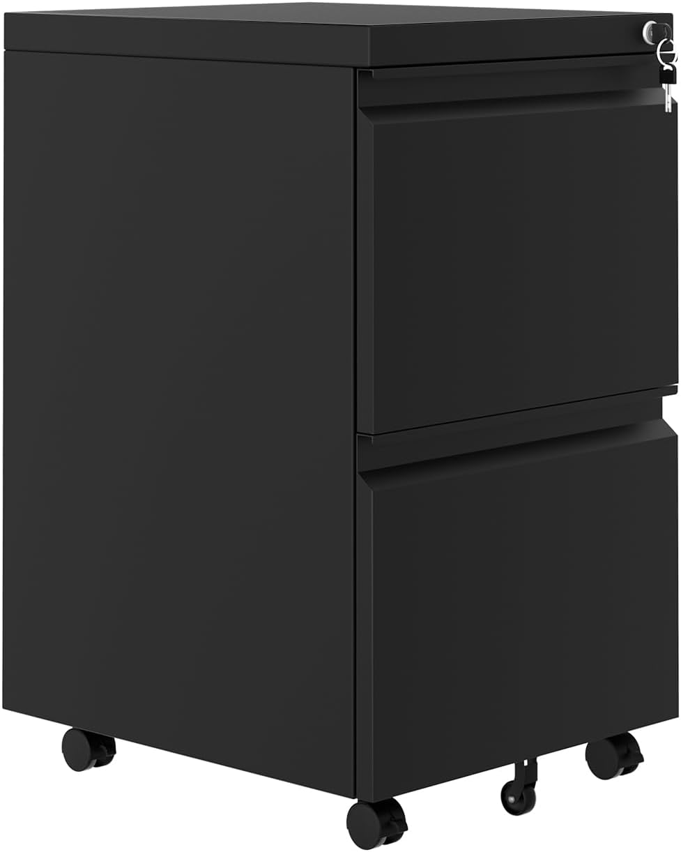 GarveeHome File Cabinet 2-Drawer on Wheels w/Lock | Under Desk Metal Rolling | Legal/A4/Letter Storage for Home Office, Black