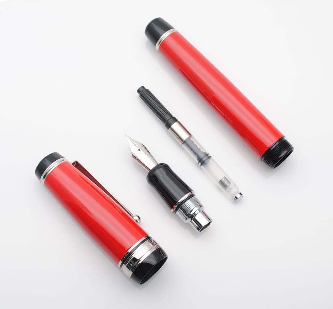 Metal Big Fountain Pen Set Medium Nib 0.7mm, Includes Ink Refill Converter, 5 Ink Cartridges & Gift Box (Medium Nib 0.7mm, Red with Silvery Clip)