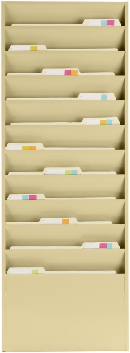 Durham Displays2go Hanging File Folder Rack with 11 Tiered Pockets, Wall Mount Office Organizer - Tan Powder-Coated Steel