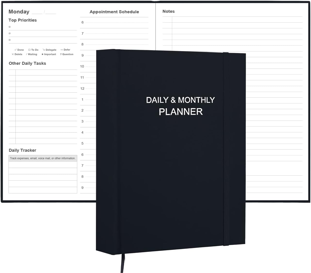 Daily & Monthly Planner for 2025 2026 or Anytime - ADHD Planner Two Pages Per Day, Daily Planner Undated to Increase Focus, Eliminate Overwhelm, Achieve Your Biggest Goals, 8.5'' × 11'', Black