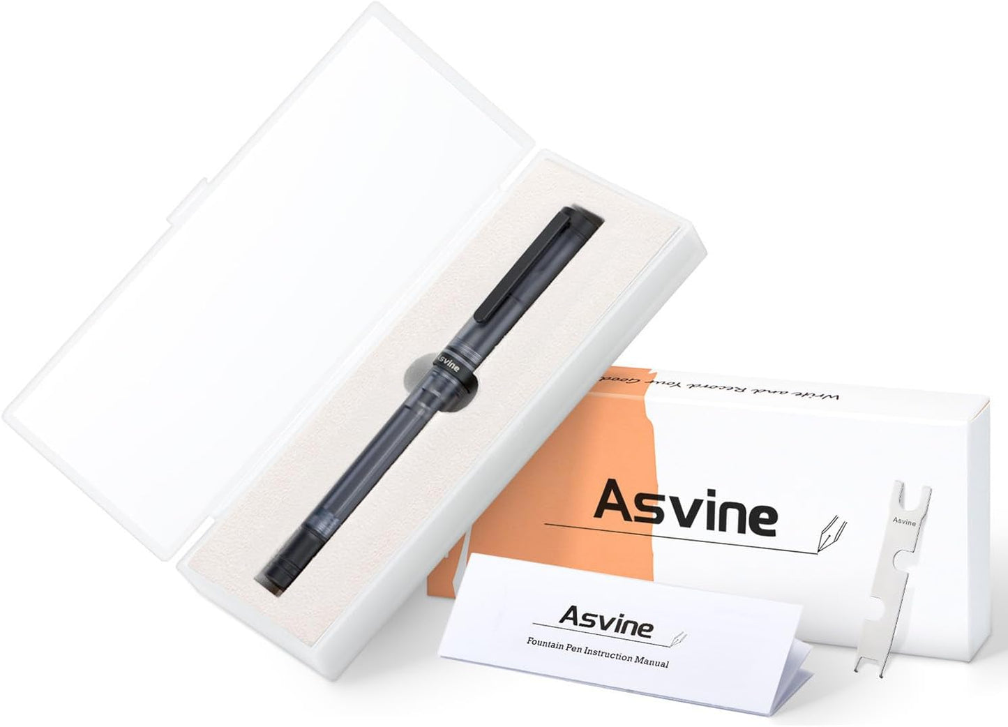 Asvine V200 Titanium Fountain Pen Vacuum Filling, Matte Black Fine Point Transparent Acrylic Smooth Writing Pen Case Set