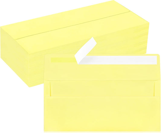 100 Pack #10 Business Envelopes, Light Yellow Standard Envelopes Self Seal, Letter Size Mailing Envelopes for Checks Letters Invoices Christmas Birthday Graduation Wedding, 4 1/8 x 9 1/2 Inch