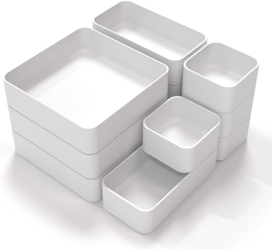 11-Piece Stackable Drawer Organizer Set, Multi-size Desk Drawer Organizer Trays Vanity Storage Bins for Storing Makeup, Stationery, Utensils in Bathroom Dresser, Office and Kitchen