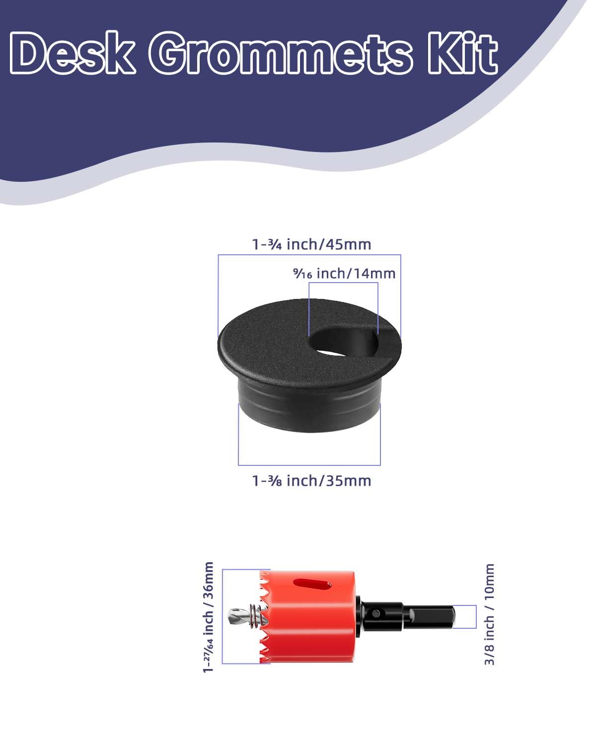Desk Grommet & Cable Grommet 1-3/8 Inch (10 Pack) - Black Cord Hole Cover with Hole Cutter - Cable Management Kit for Office Desk, TV Stand, Workstation - Hide Wires Behind Wall, Cable Pass Through