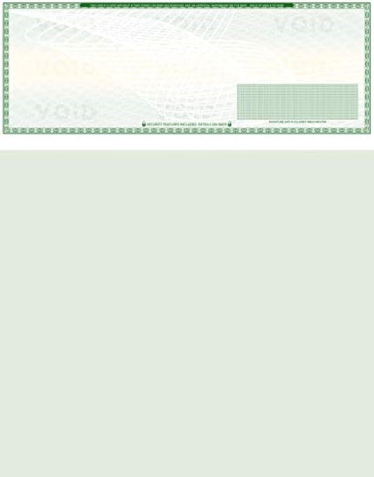 100 Blank Check Stock - Check on Top Art Deco- Paper Weight # 70"High Security" Check Paper Green Art Deco